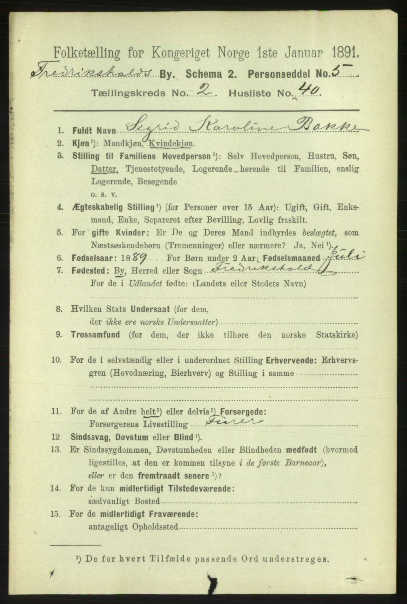 RA, 1891 census for 0101 Fredrikshald, 1891, p. 3188