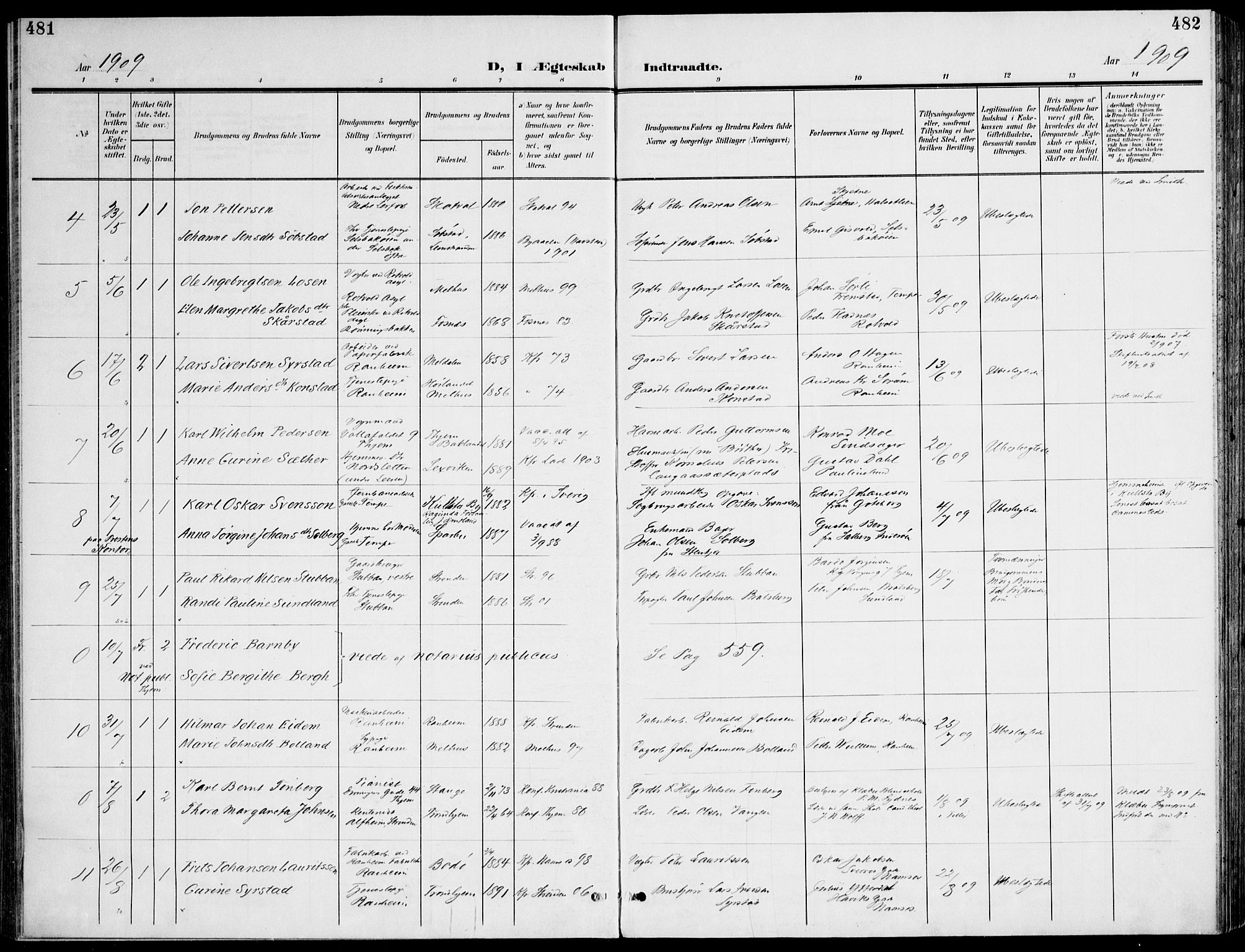 Ministerialprotokoller, klokkerbøker og fødselsregistre - Sør-Trøndelag, SAT/A-1456/607/L0320: Parish register (official) no. 607A04, 1907-1915, p. 481-482
