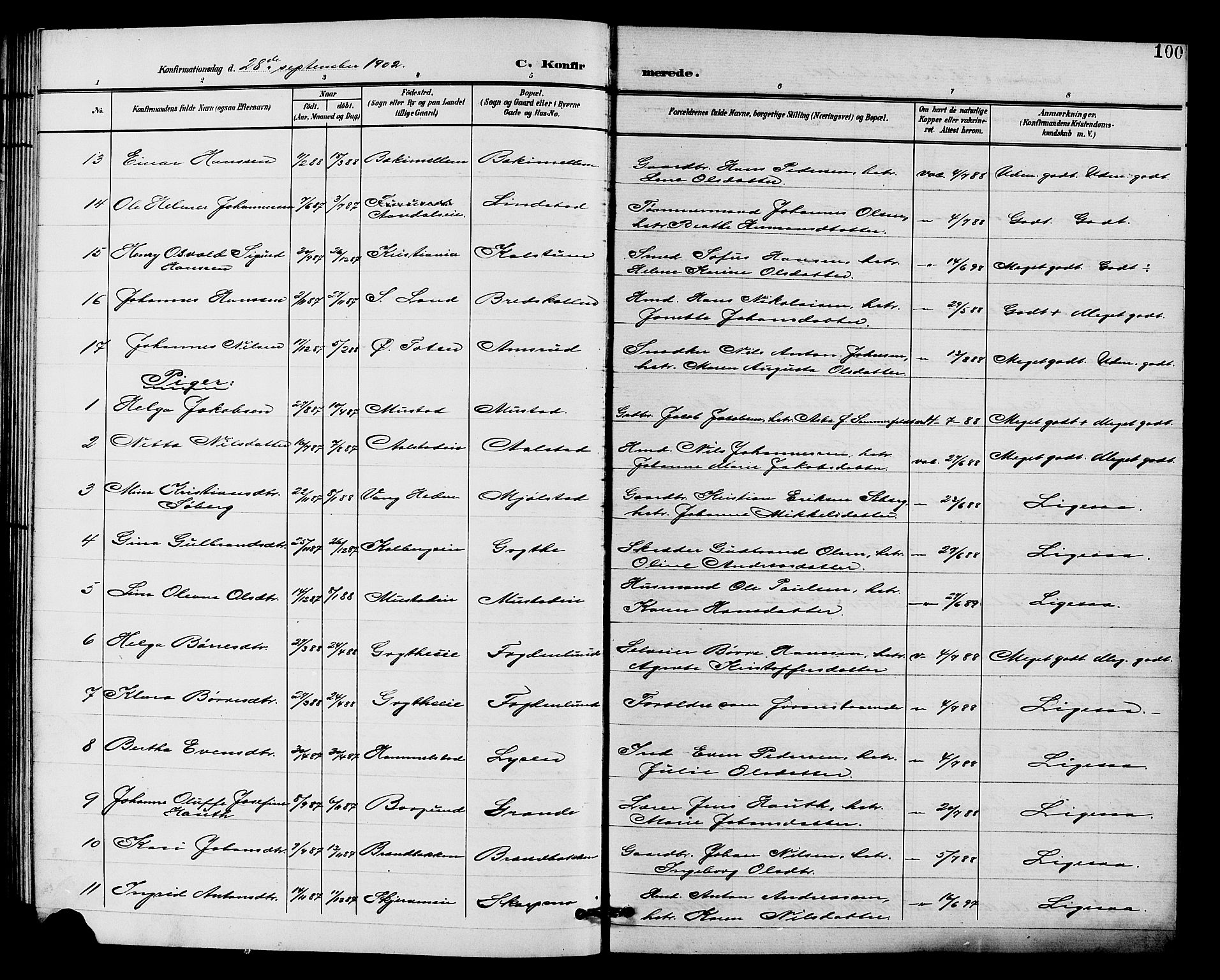 Vardal prestekontor, SAH/PREST-100/H/Ha/Hab/L0011: Parish register (copy) no. 11, 1899-1913, p. 100