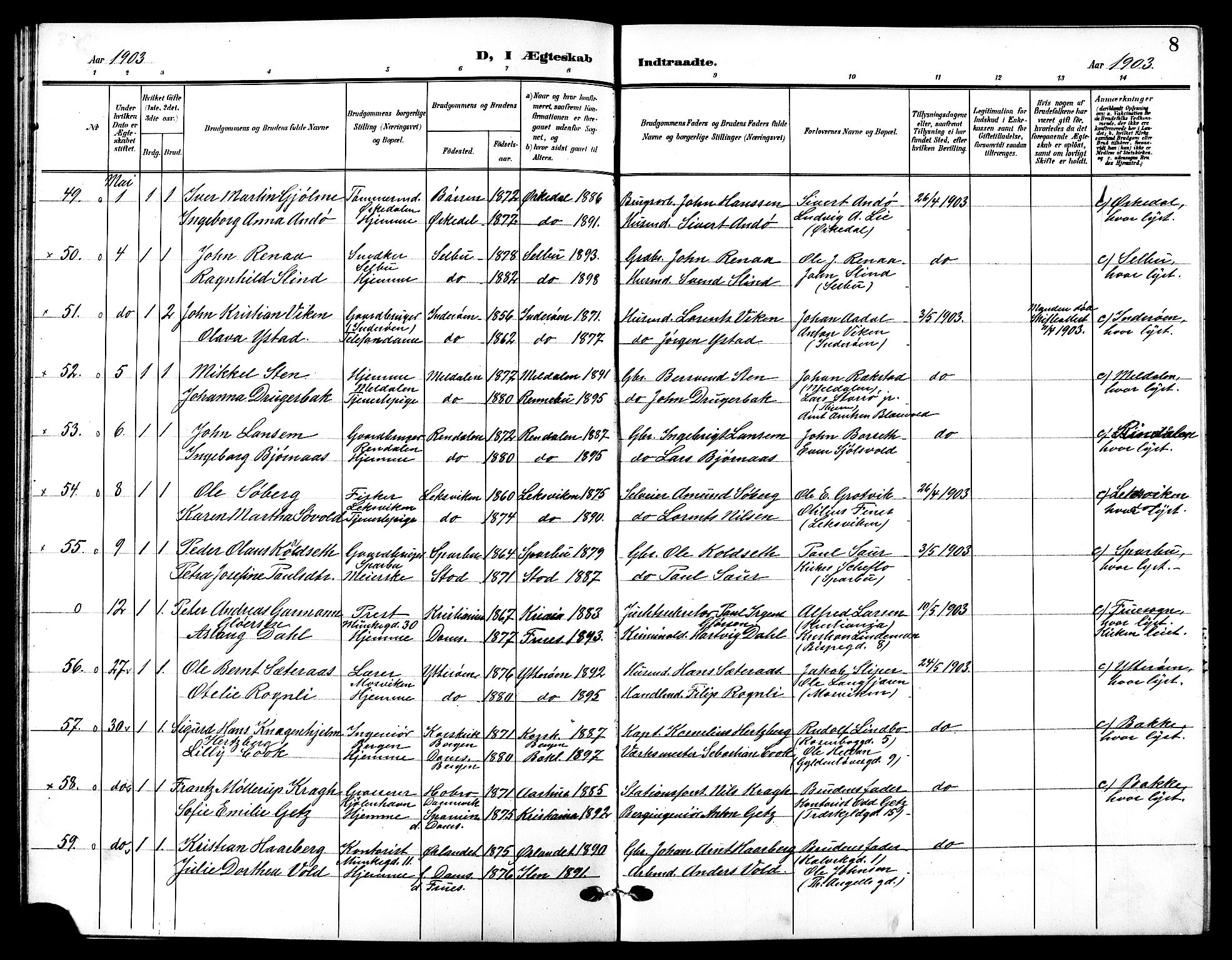 Ministerialprotokoller, klokkerbøker og fødselsregistre - Sør-Trøndelag, AV/SAT-A-1456/601/L0095: Parish register (copy) no. 601C13, 1902-1911, p. 8