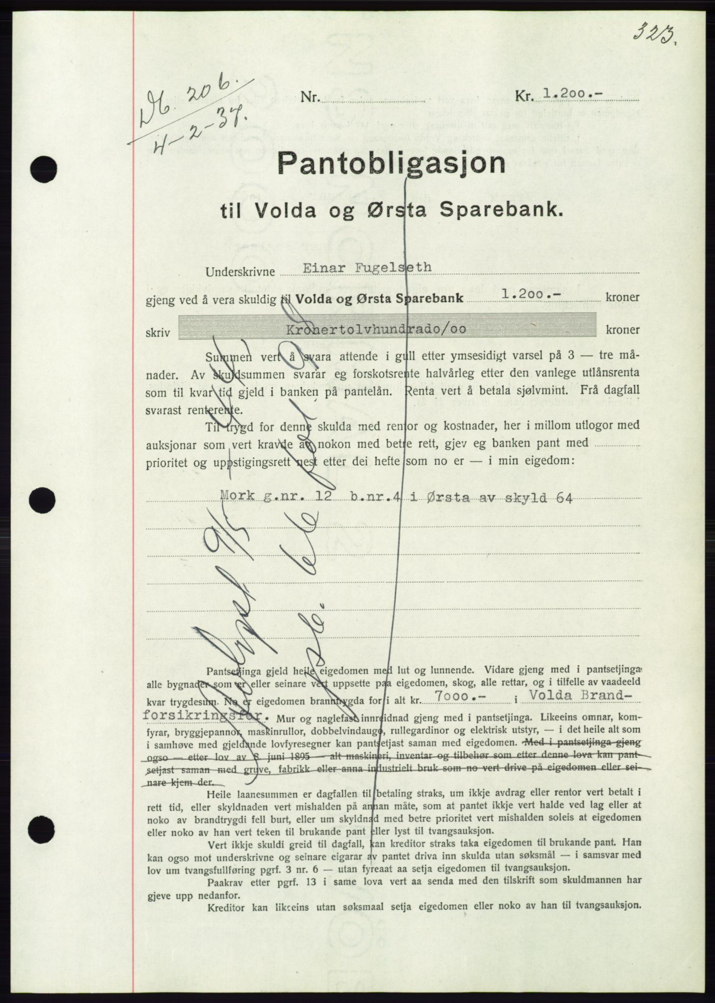 Søre Sunnmøre sorenskriveri, AV/SAT-A-4122/1/2/2C/L0062: Mortgage book no. 56, 1936-1937, Diary no: : 206/1937