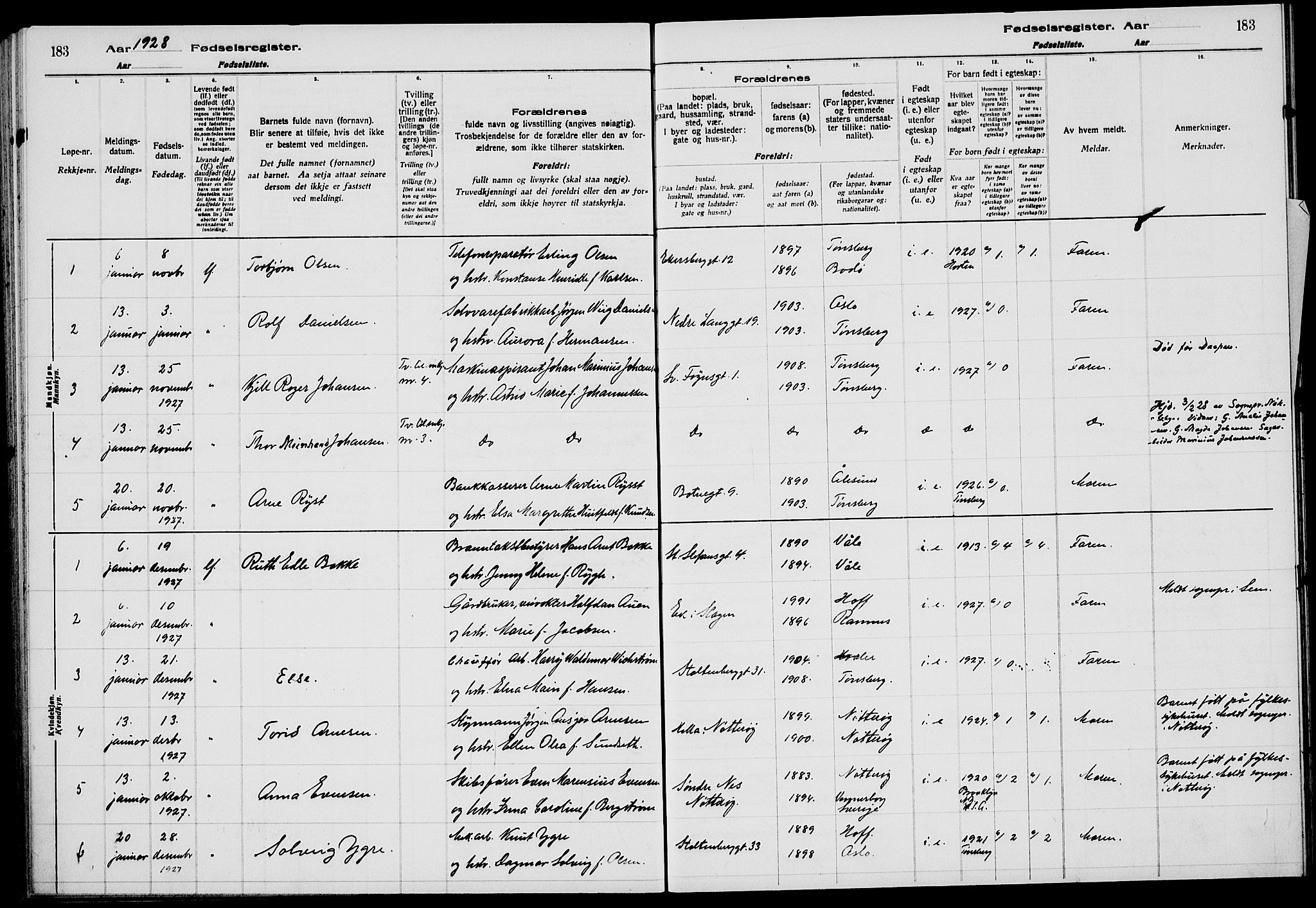 Tønsberg kirkebøker, AV/SAKO-A-330/J/Ja/L0002: Birth register no. 2, 1922-1928, p. 183