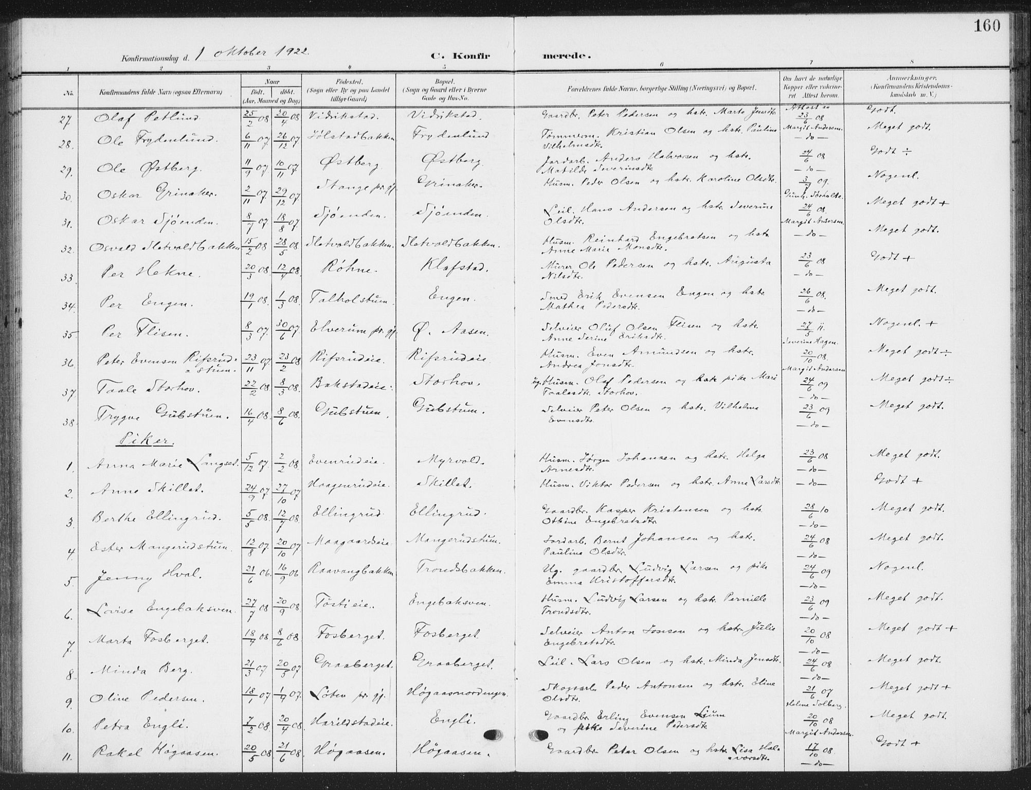 Romedal prestekontor, AV/SAH-PREST-004/K/L0009: Parish register (official) no. 9, 1906-1929, p. 160