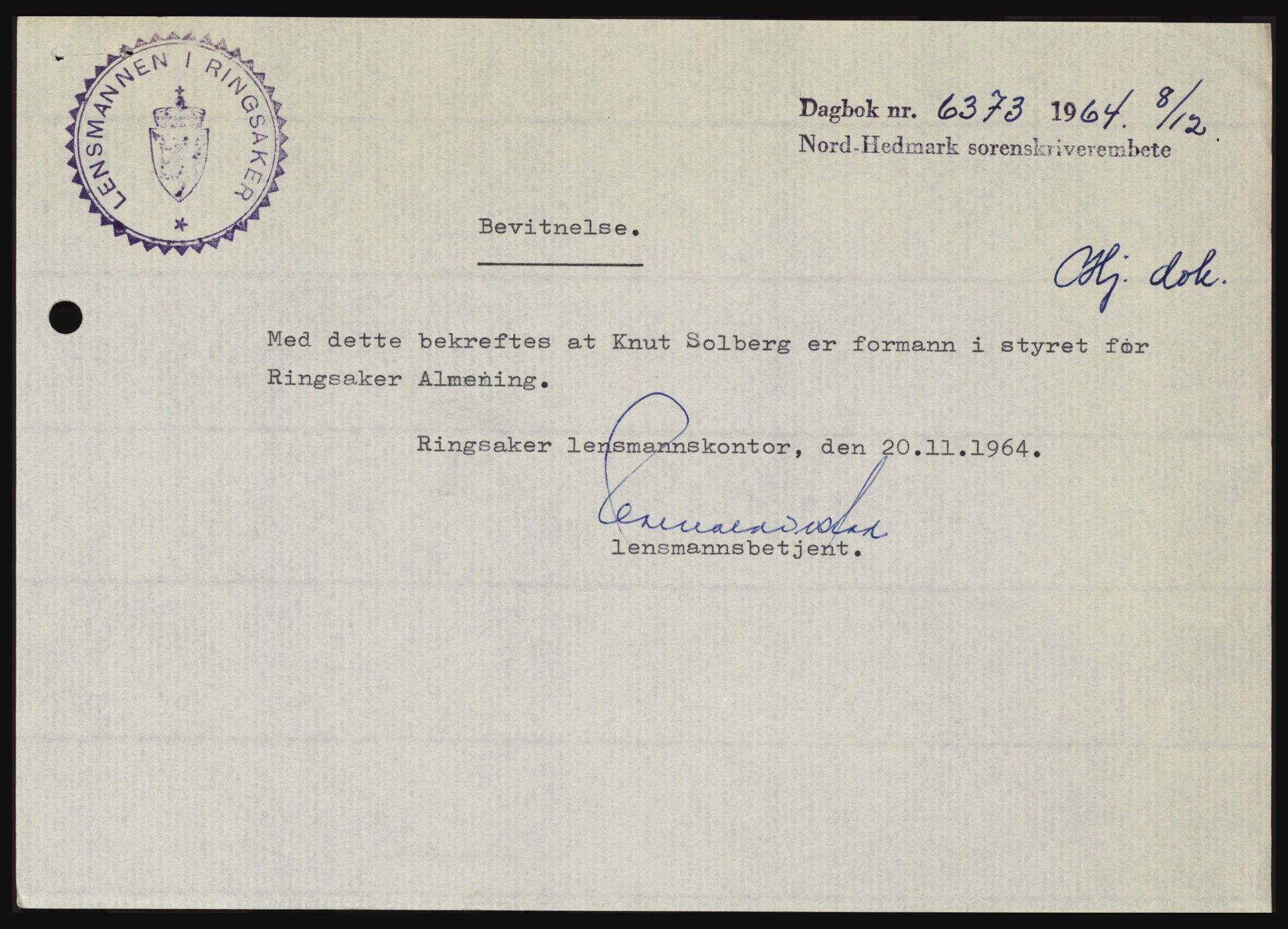 Nord-Hedmark sorenskriveri, SAH/TING-012/H/Hc/L0021: Mortgage book no. 21, 1964-1965, Diary no: : 6373/1964