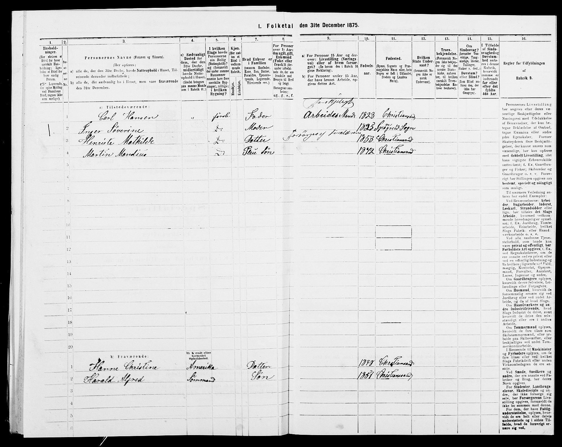 SAK, 1875 census for 1001P Kristiansand, 1875, p. 2171