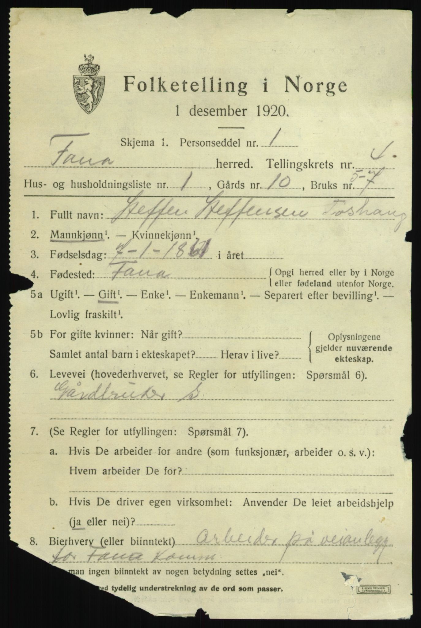 SAB, 1920 census for Fana, 1920, p. 5475