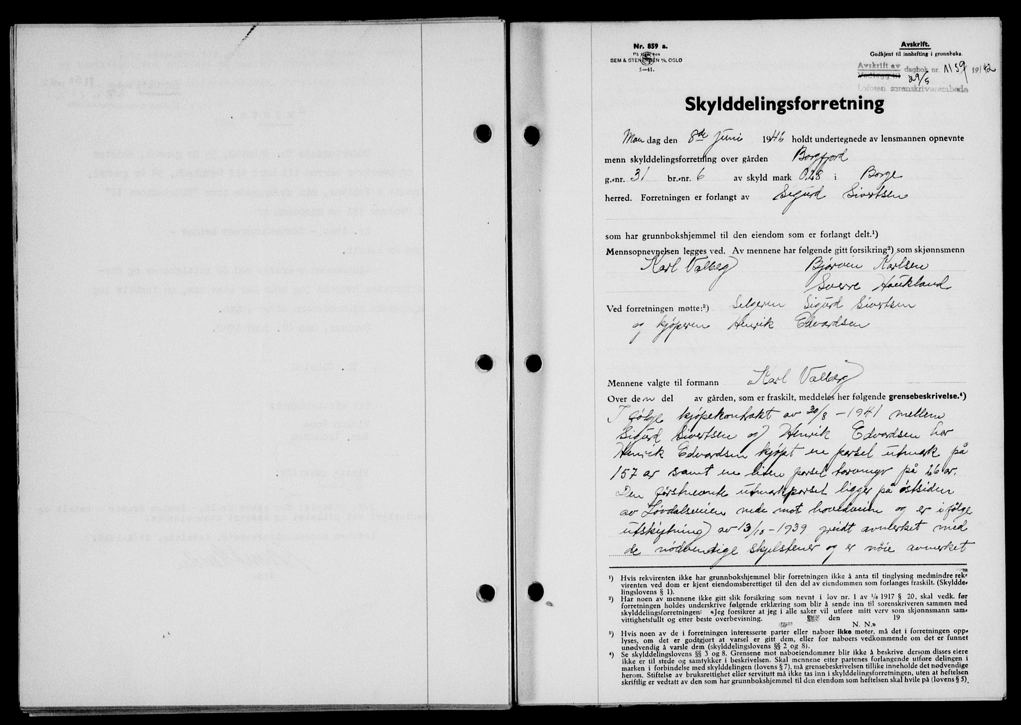 Lofoten sorenskriveri, SAT/A-0017/1/2/2C/L0010a: Mortgage book no. 10a, 1942-1943, Diary no: : 1159/1942