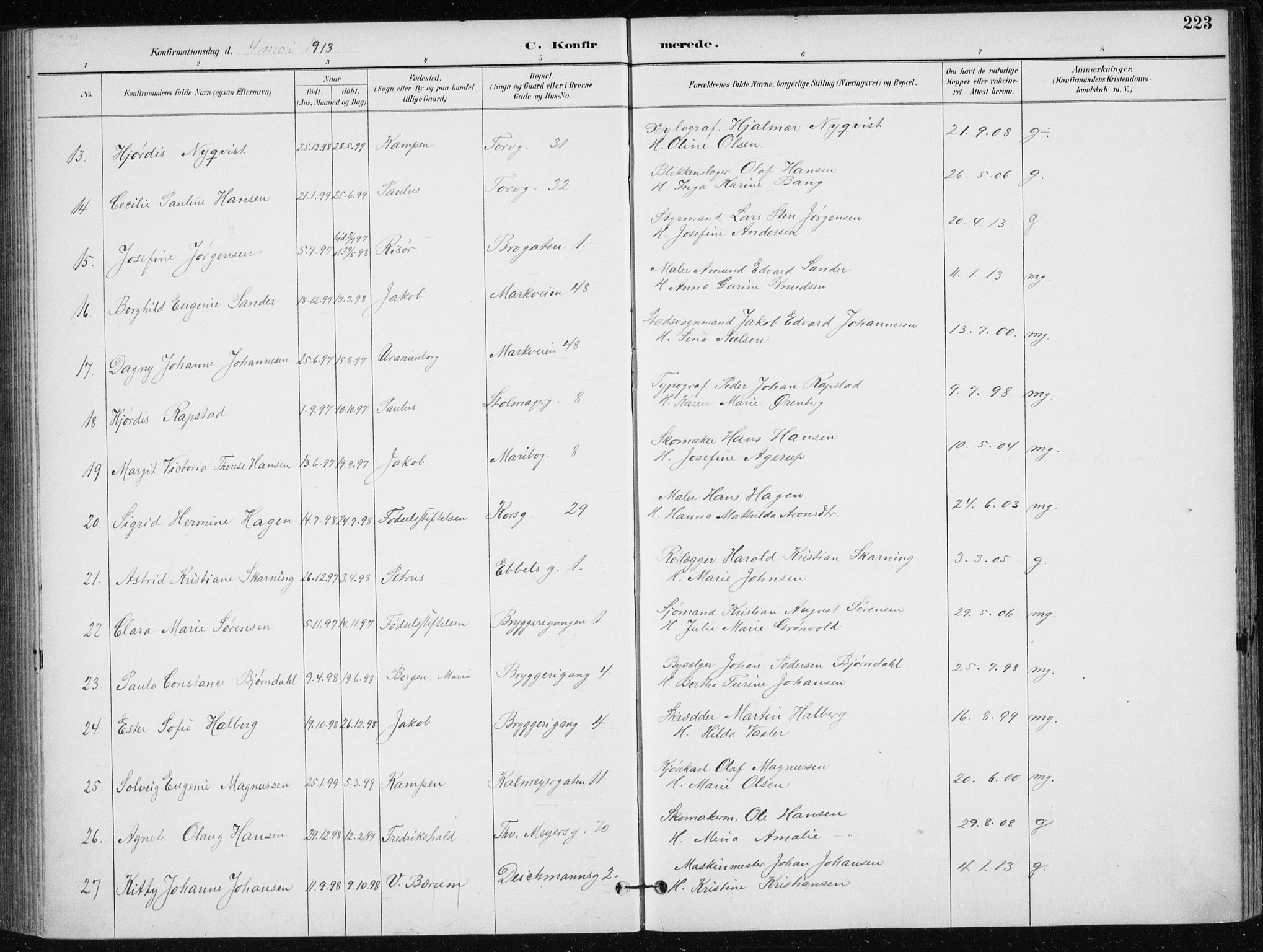 Jakob prestekontor Kirkebøker, AV/SAO-A-10850/F/Fa/L0008: Parish register (official) no. 8, 1892-1924, p. 223