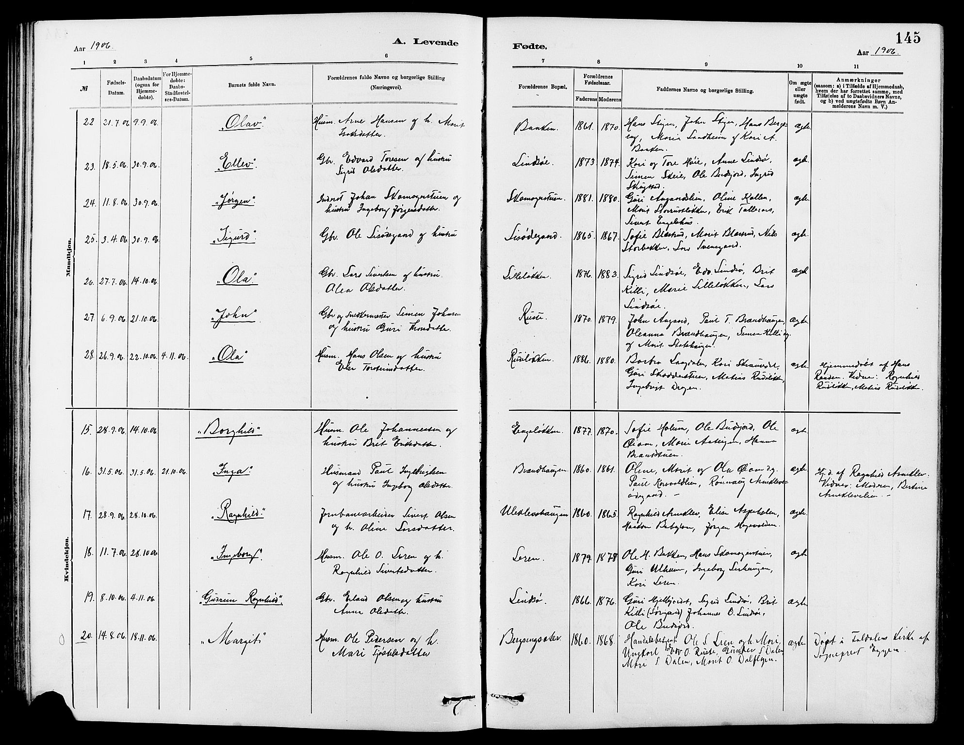 Dovre prestekontor, AV/SAH-PREST-066/H/Ha/Hab/L0002: Parish register (copy) no. 2, 1881-1907, p. 145