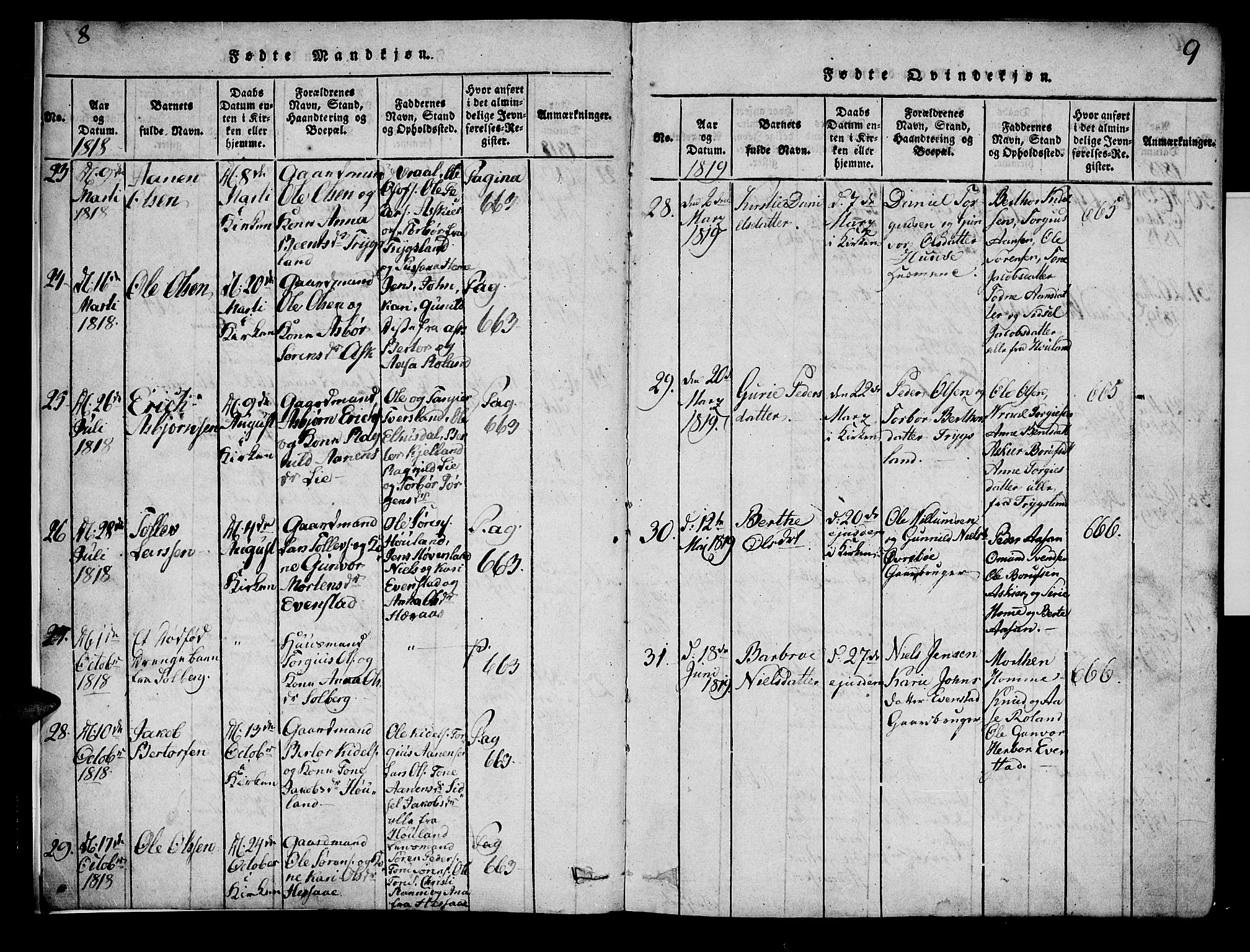 Bjelland sokneprestkontor, SAK/1111-0005/F/Fa/Faa/L0002: Parish register (official) no. A 2, 1816-1866, p. 8-9