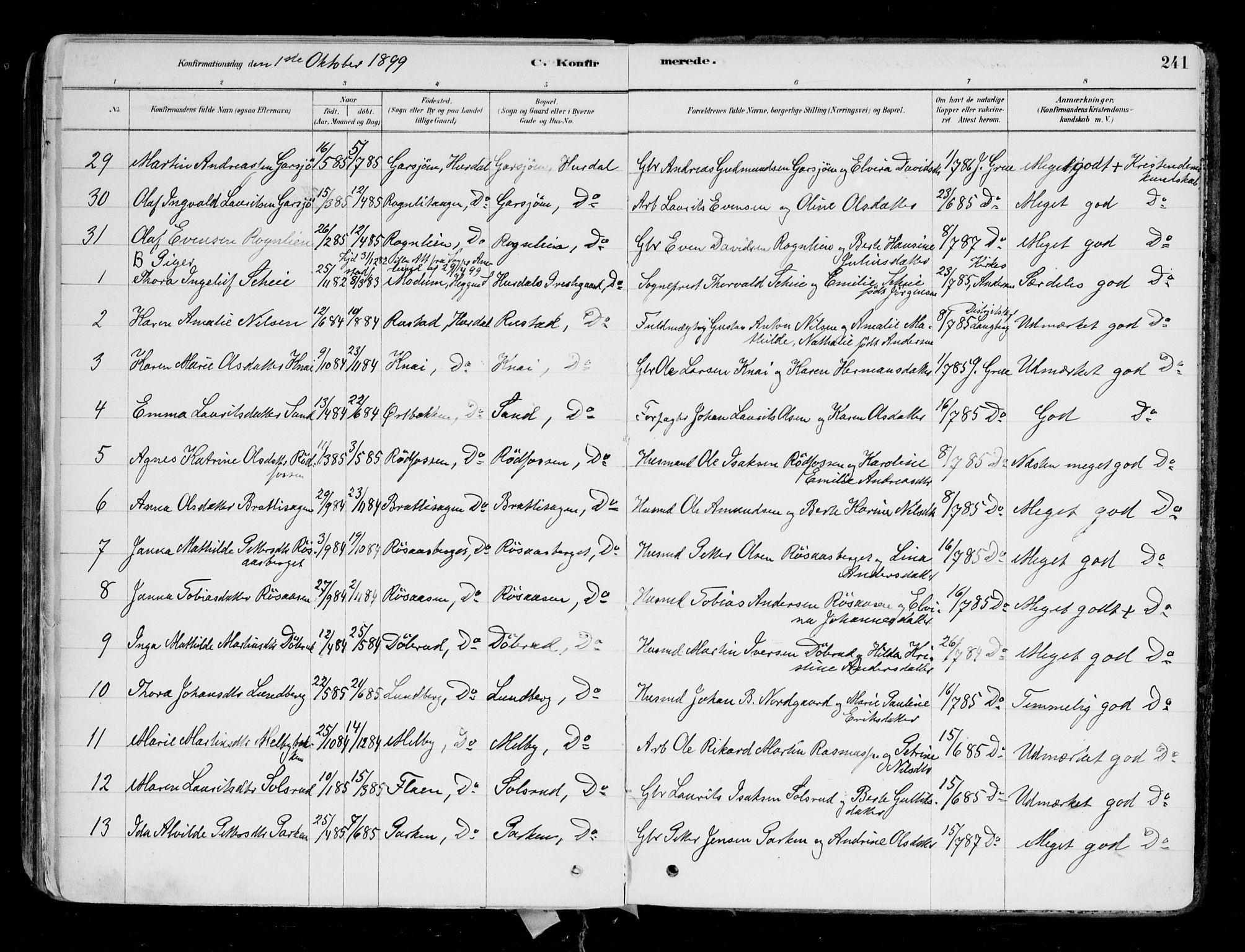 Hurdal prestekontor Kirkebøker, AV/SAO-A-10889/F/Fa/L0007: Parish register (official) no. I 7, 1878-1906, p. 241