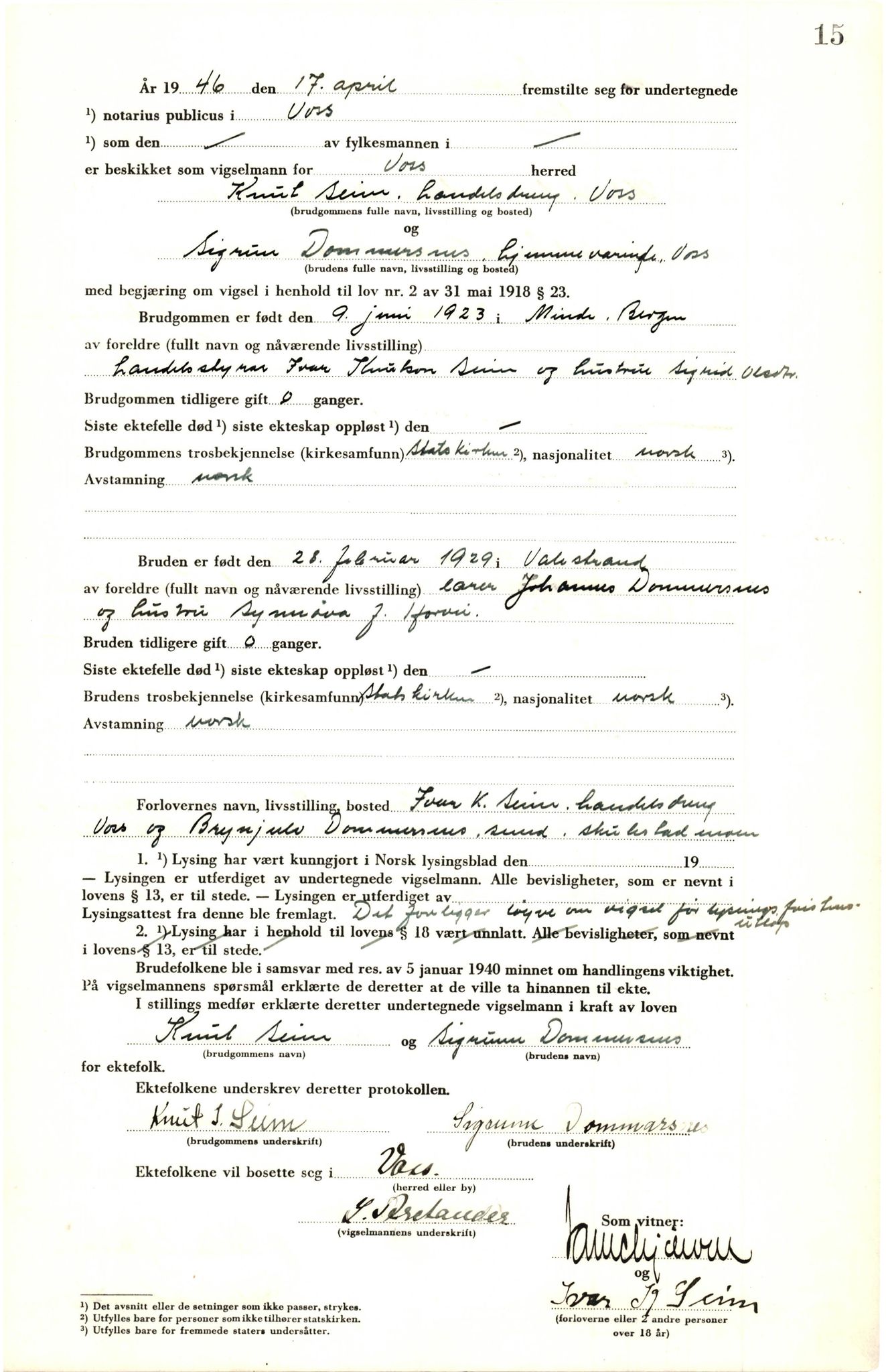 Voss sorenskrivar, AV/SAB-A-2701/M/Maa/L0003: Vigselbok, 1945-1969, p. 15