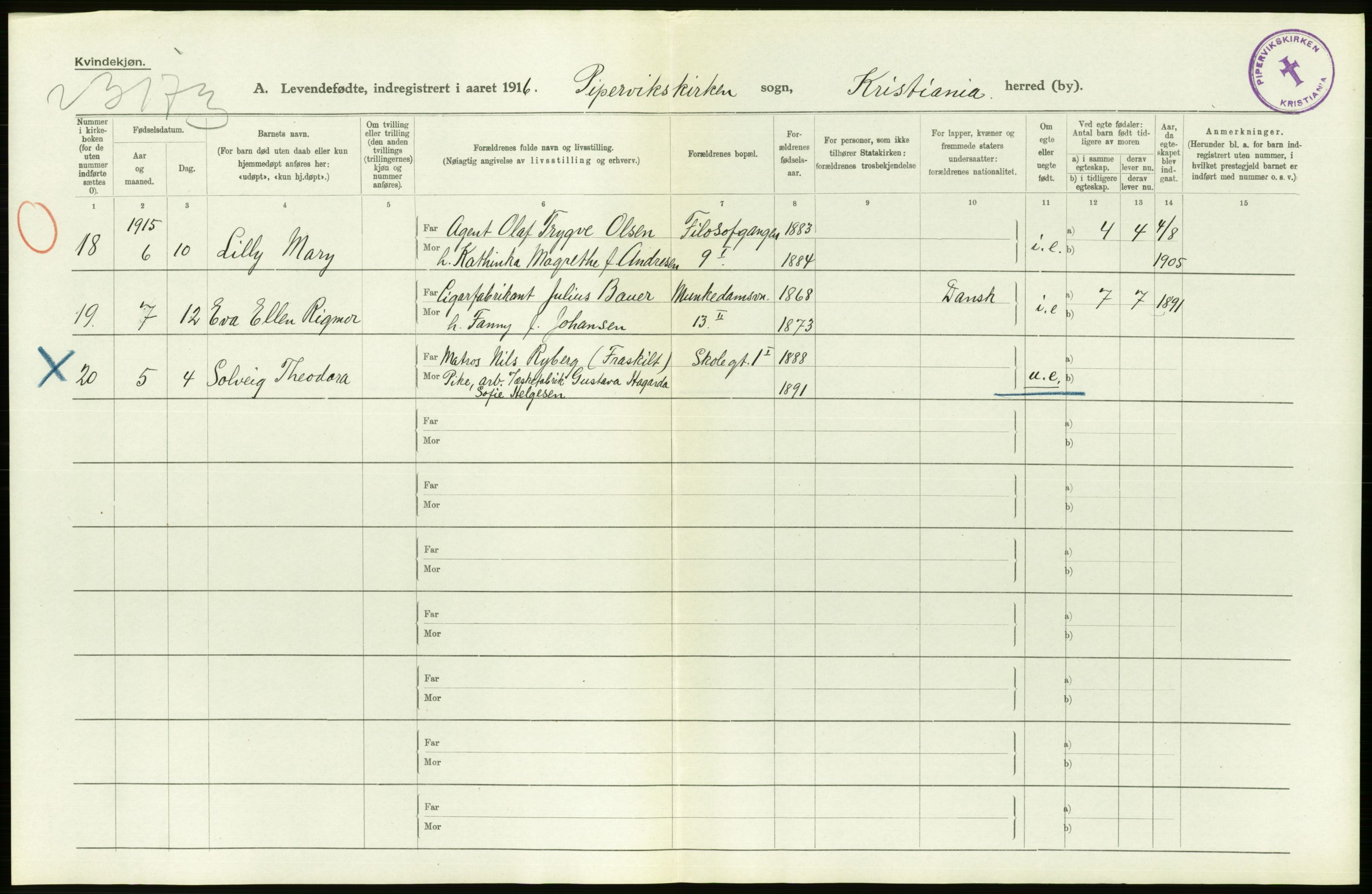 Statistisk sentralbyrå, Sosiodemografiske emner, Befolkning, AV/RA-S-2228/D/Df/Dfb/Dfbf/L0007: Kristiania: Levendefødte menn og kvinner., 1916, p. 510