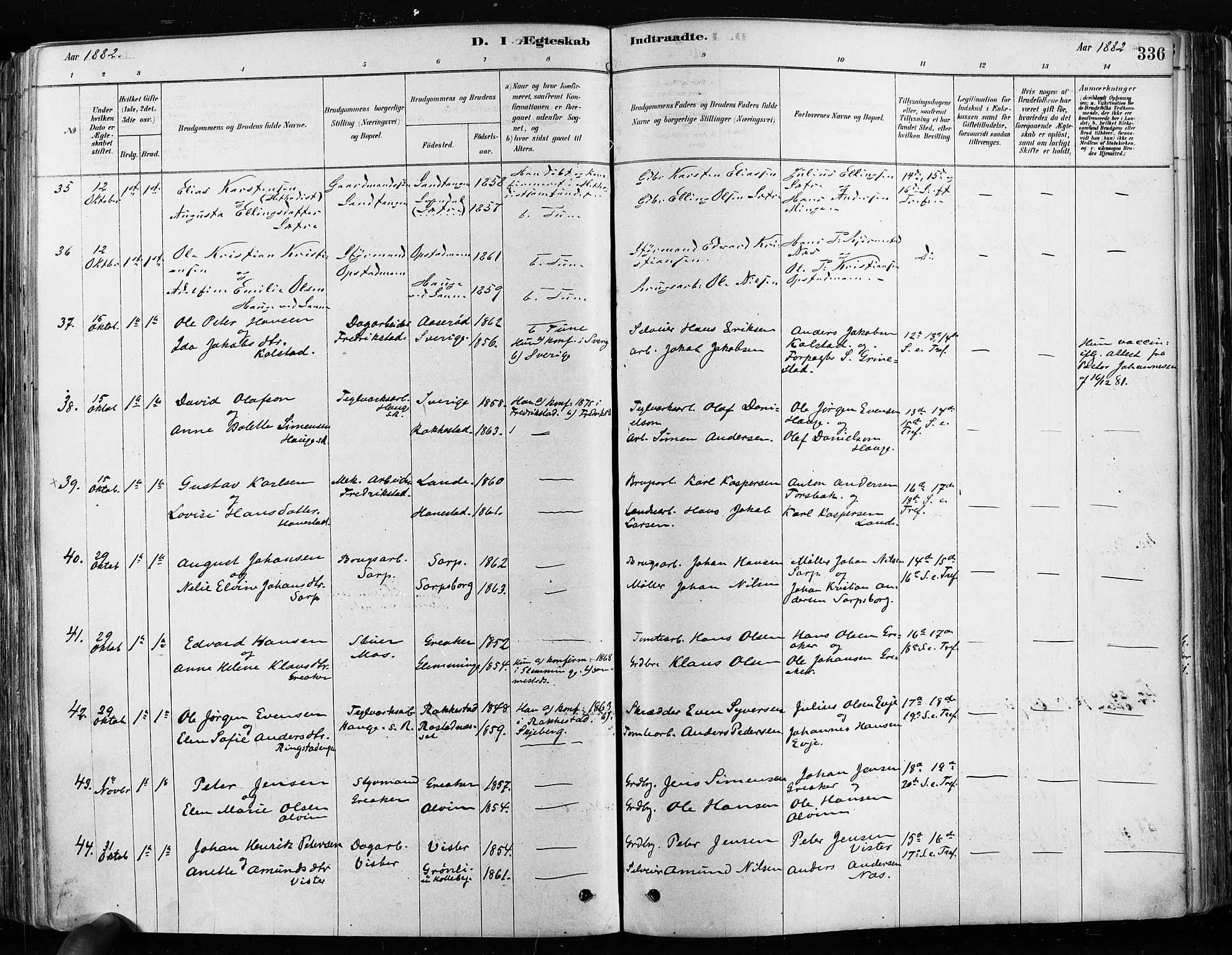 Tune prestekontor Kirkebøker, SAO/A-2007/F/Fa/L0017: Parish register (official) no. 17, 1878-1887, p. 336