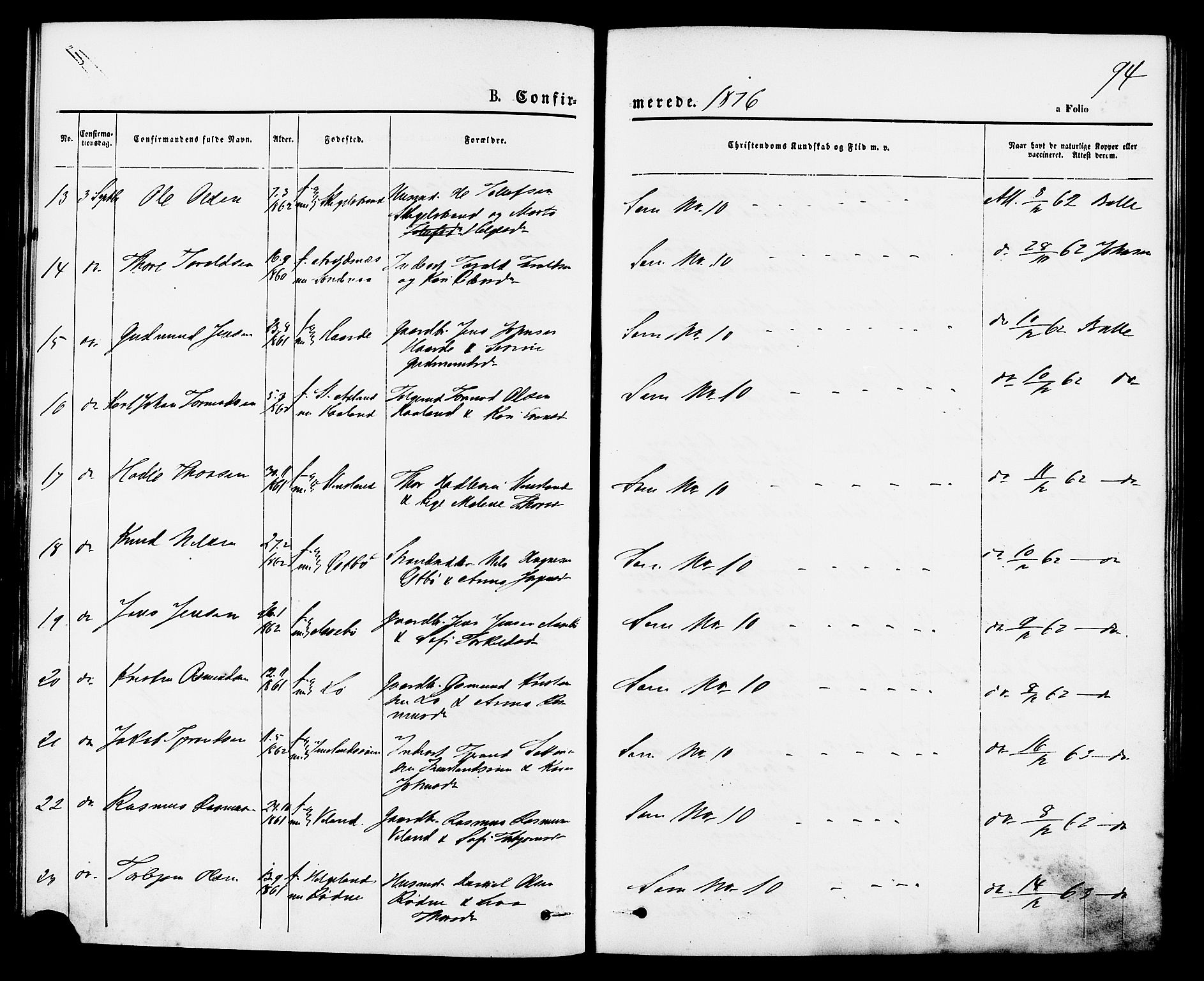 Vikedal sokneprestkontor, AV/SAST-A-101840/01/IV: Parish register (official) no. A 7, 1868-1883, p. 94