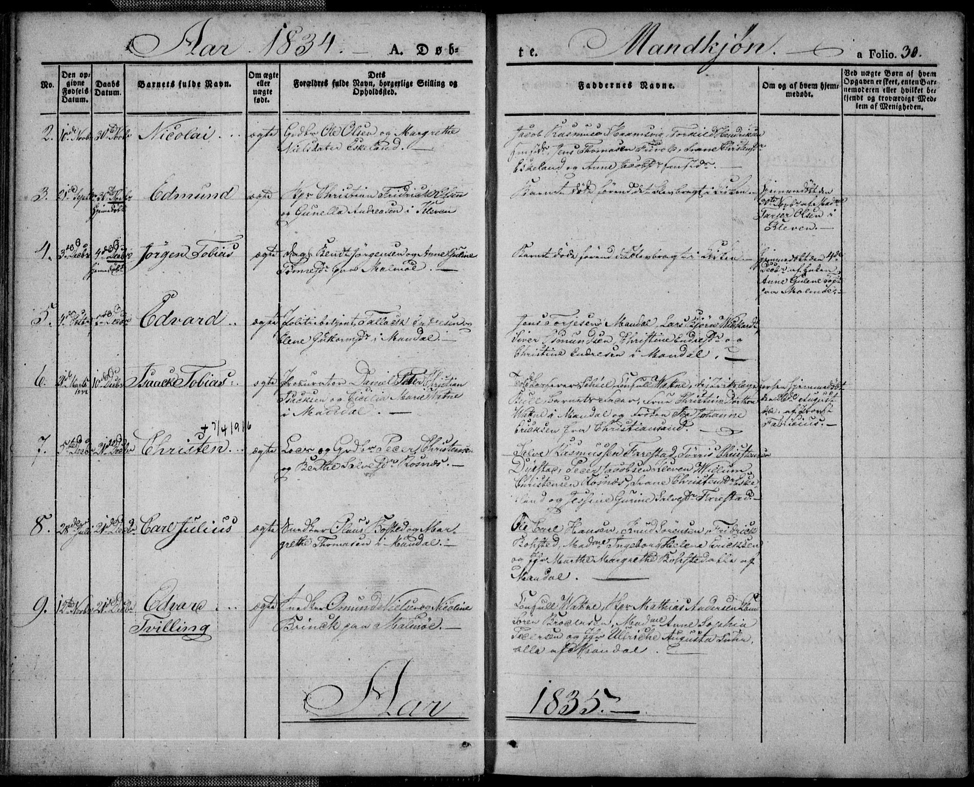 Mandal sokneprestkontor, SAK/1111-0030/F/Fa/Faa/L0011: Parish register (official) no. A 11, 1830-1839, p. 30