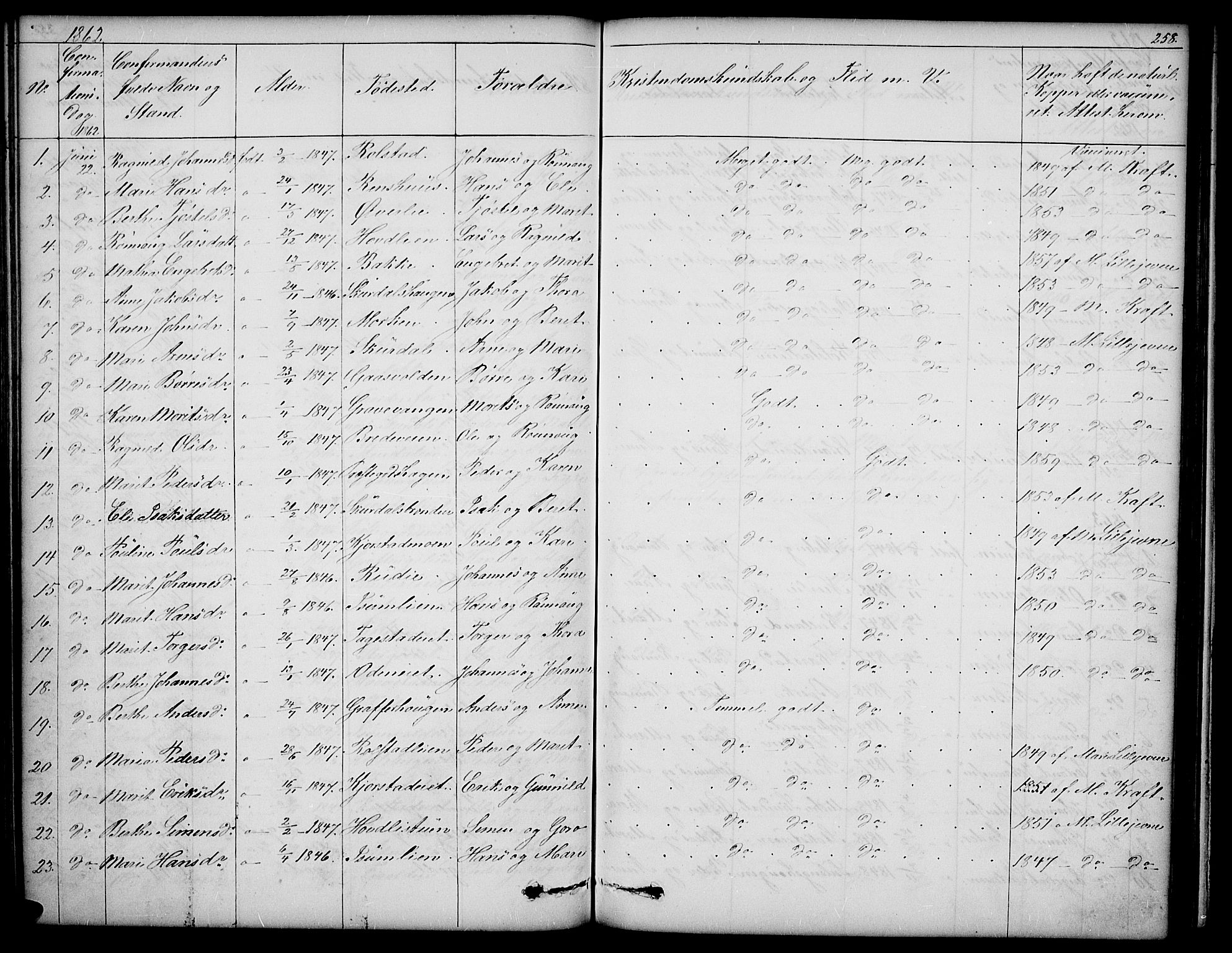 Sør-Fron prestekontor, AV/SAH-PREST-010/H/Ha/Hab/L0001: Parish register (copy) no. 1, 1844-1863, p. 258