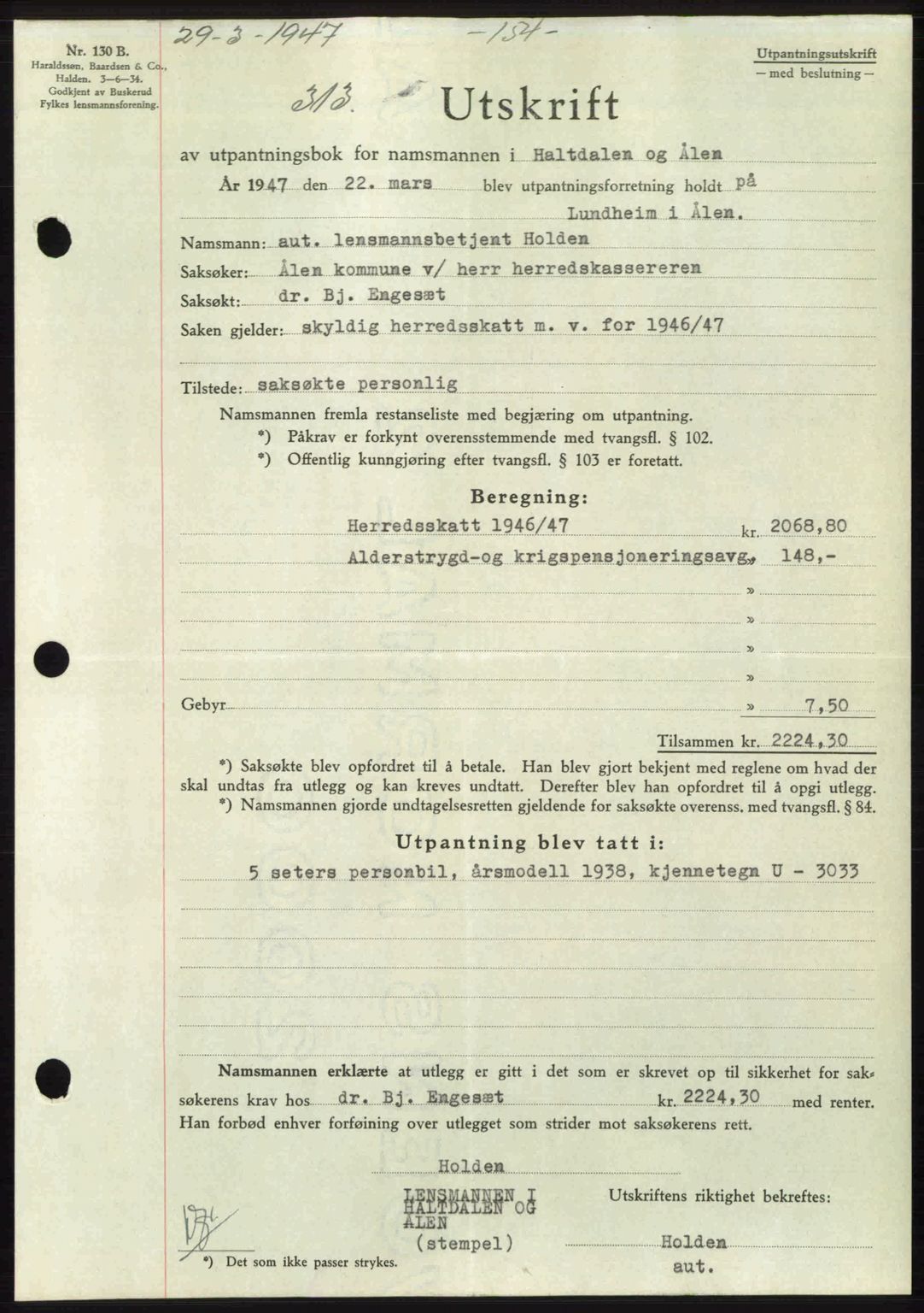 Gauldal sorenskriveri, SAT/A-0014/1/2/2C: Mortgage book no. A3, 1947-1947, Diary no: : 313/1947
