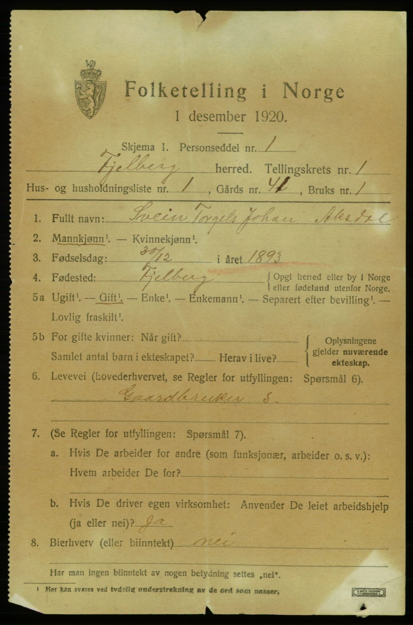 SAB, 1920 census for Fjelberg, 1920, p. 681