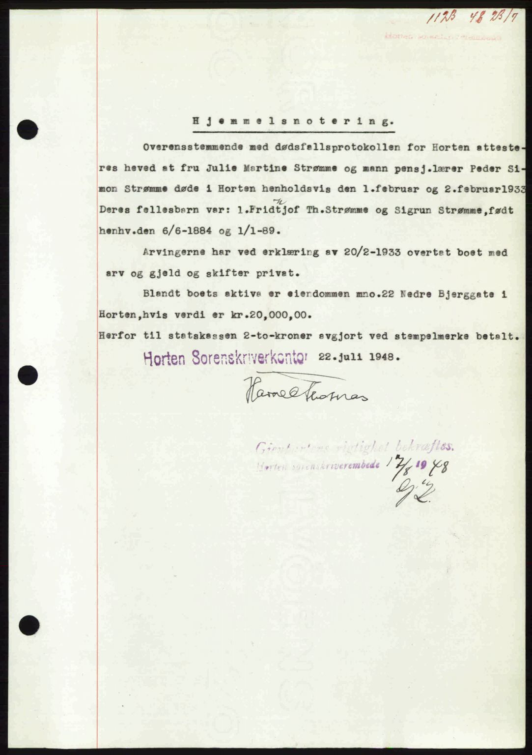 Horten sorenskriveri, AV/SAKO-A-133/G/Ga/Gaa/L0010: Mortgage book no. A-10, 1947-1948, Diary no: : 1123/1948