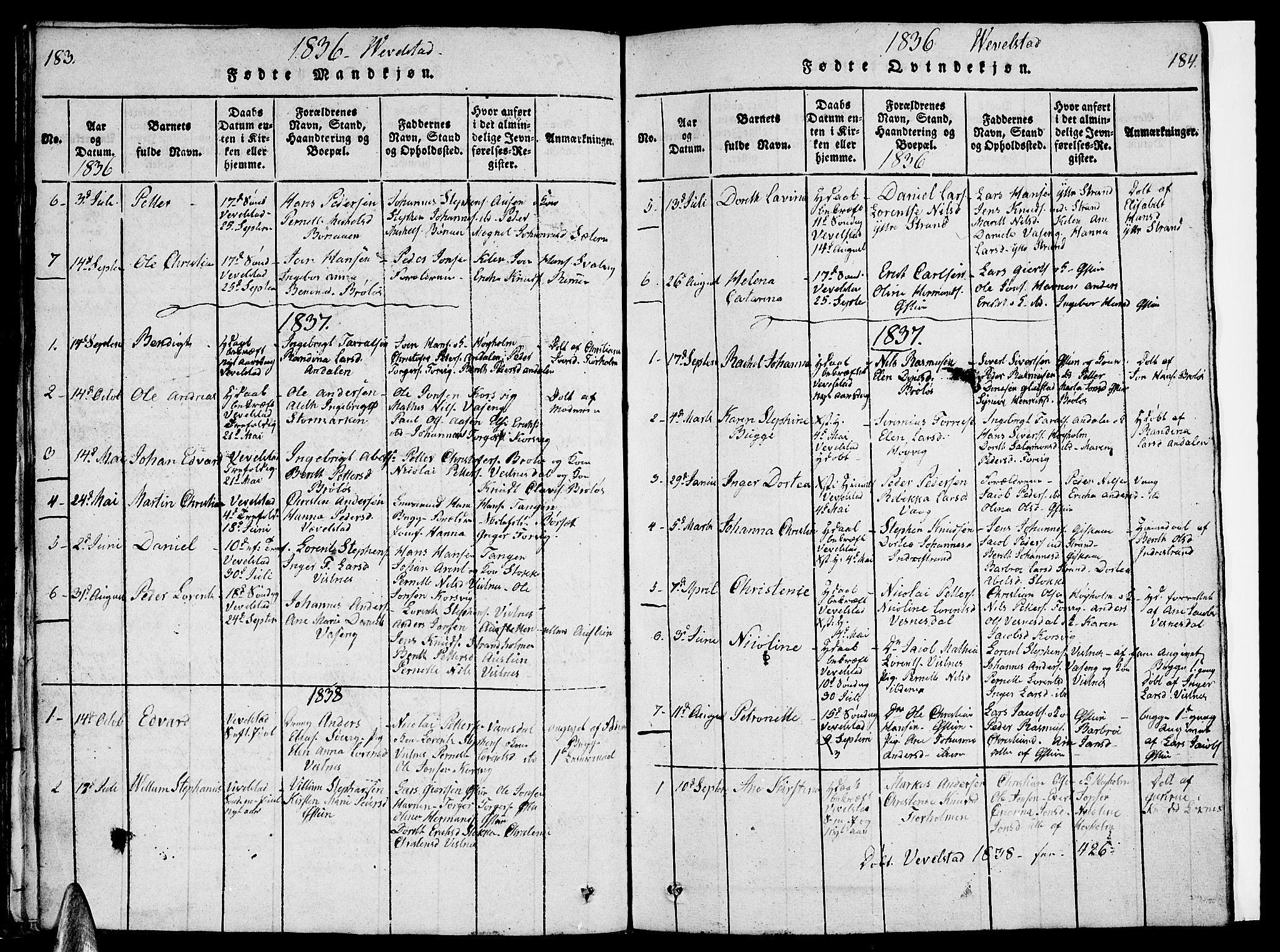 Ministerialprotokoller, klokkerbøker og fødselsregistre - Nordland, AV/SAT-A-1459/830/L0459: Parish register (copy) no. 830C01 /3, 1829-1840, p. 183-184