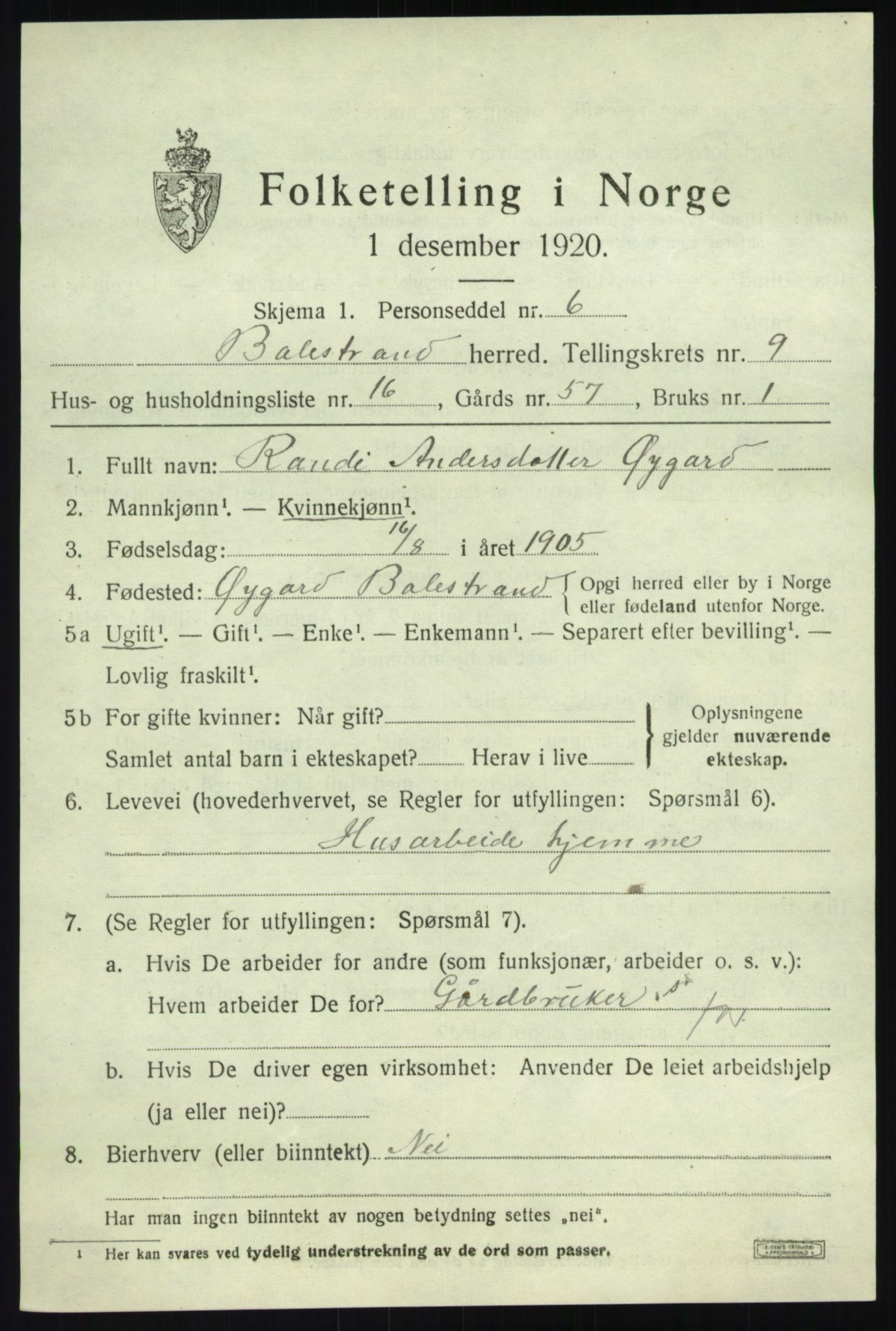 SAB, 1920 census for Balestrand, 1920, p. 4144