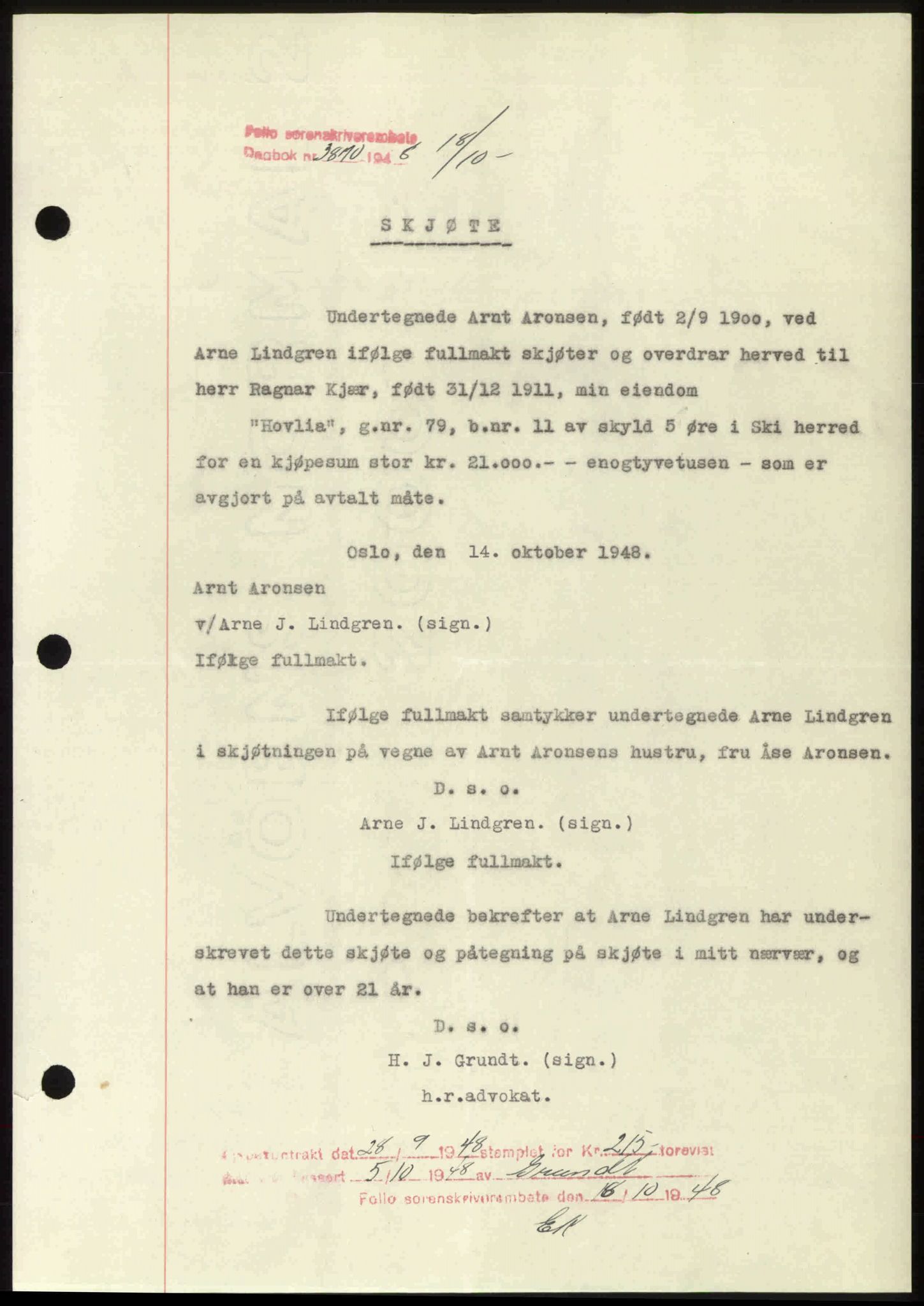 Follo sorenskriveri, SAO/A-10274/G/Ga/Gaa/L0085: Mortgage book no. I 85, 1948-1948, Diary no: : 3870/1948