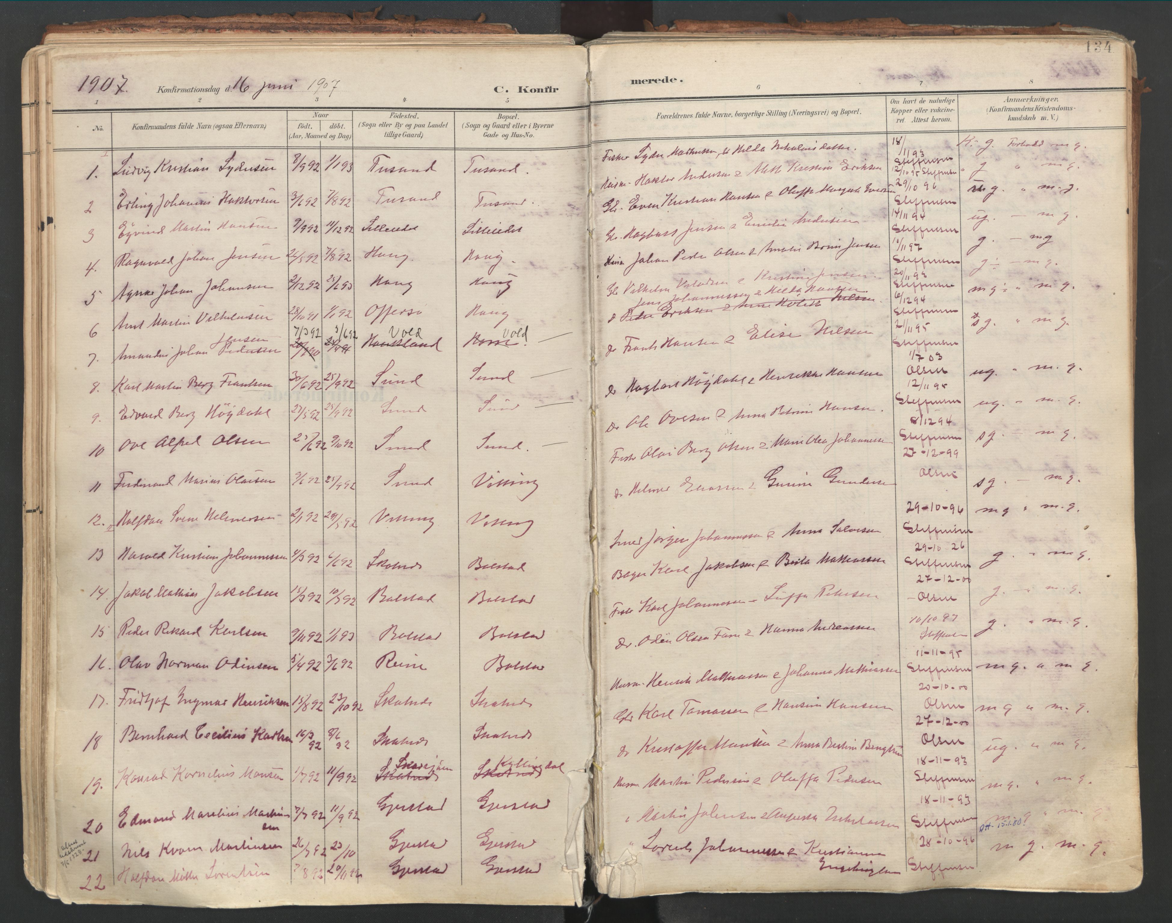 Ministerialprotokoller, klokkerbøker og fødselsregistre - Nordland, SAT/A-1459/881/L1154: Parish register (official) no. 881A07, 1907-1918, p. 134