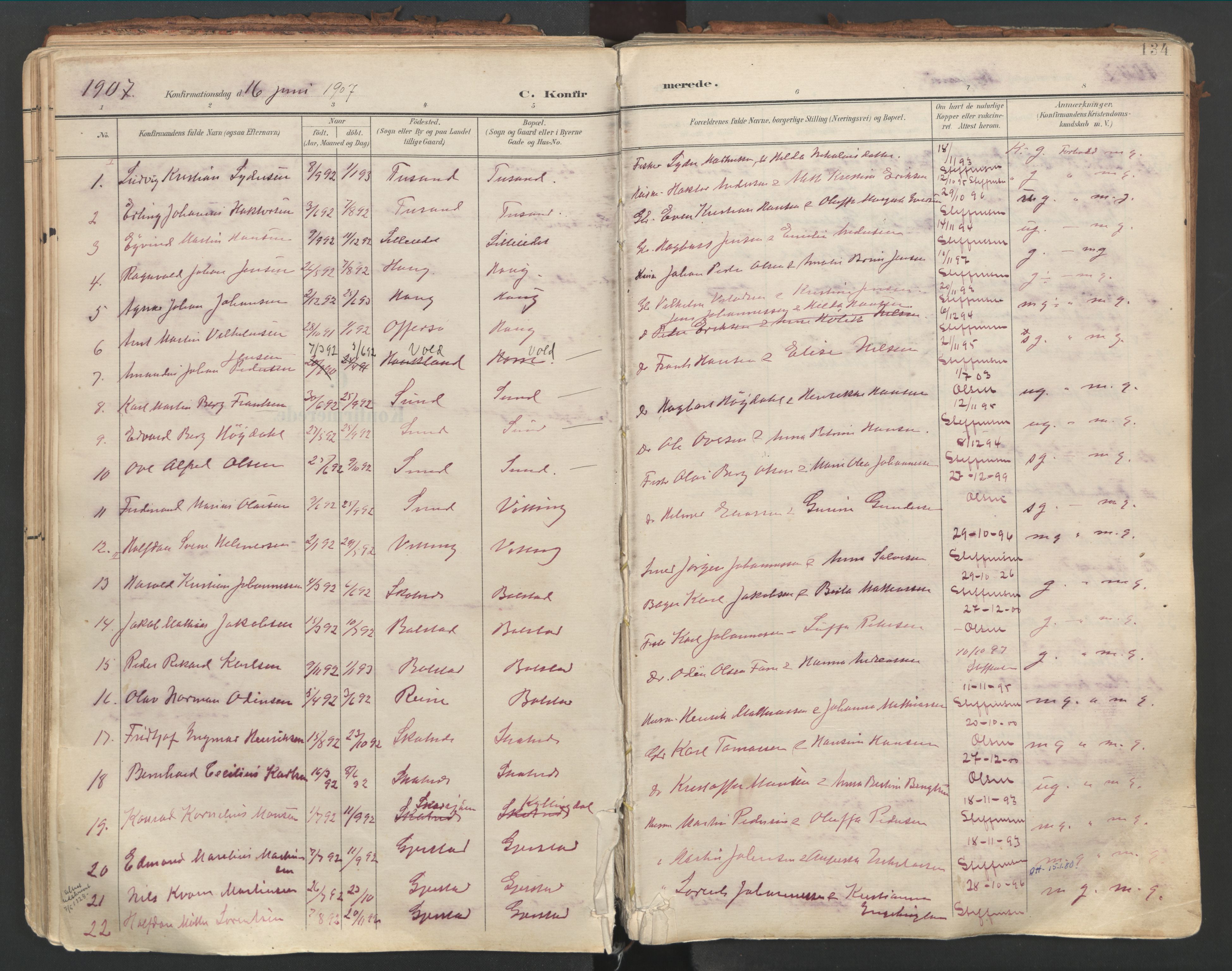 Ministerialprotokoller, klokkerbøker og fødselsregistre - Nordland, AV/SAT-A-1459/881/L1154: Parish register (official) no. 881A07, 1907-1918, p. 134