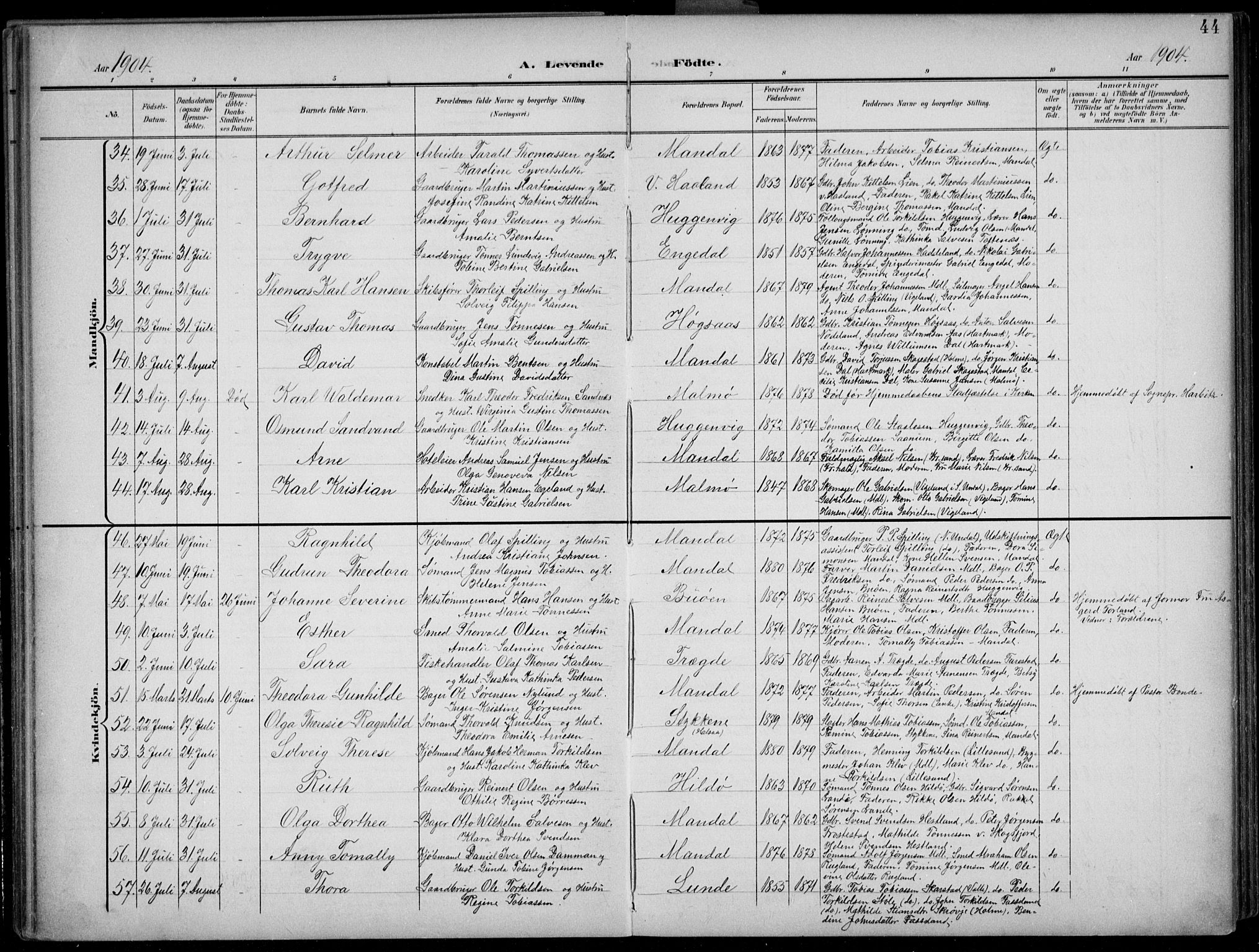 Mandal sokneprestkontor, AV/SAK-1111-0030/F/Fb/Fba/L0012: Parish register (copy) no. B 6, 1899-1918, p. 44