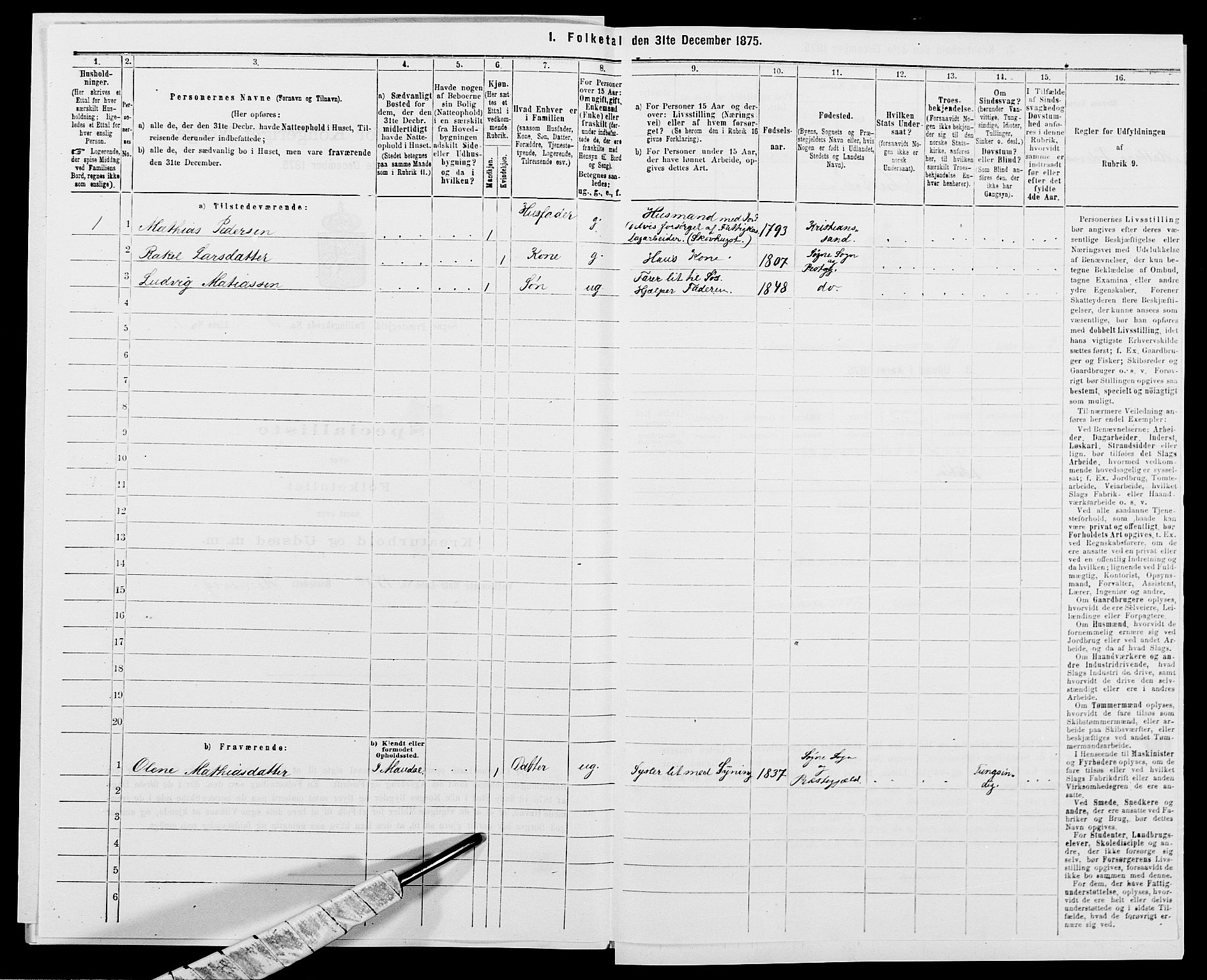 SAK, 1875 census for 1018P Søgne, 1875, p. 838