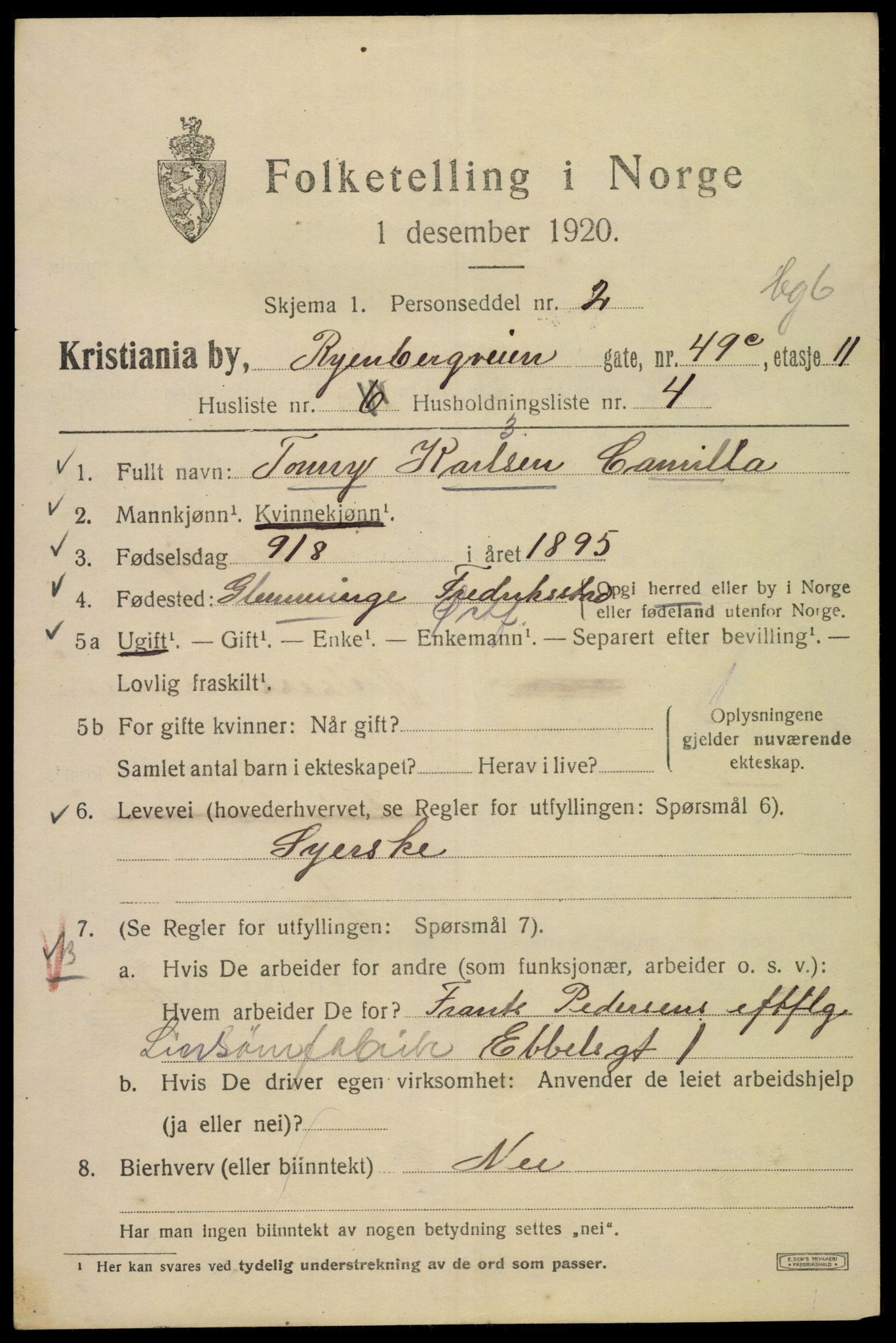 SAO, 1920 census for Kristiania, 1920, p. 476199