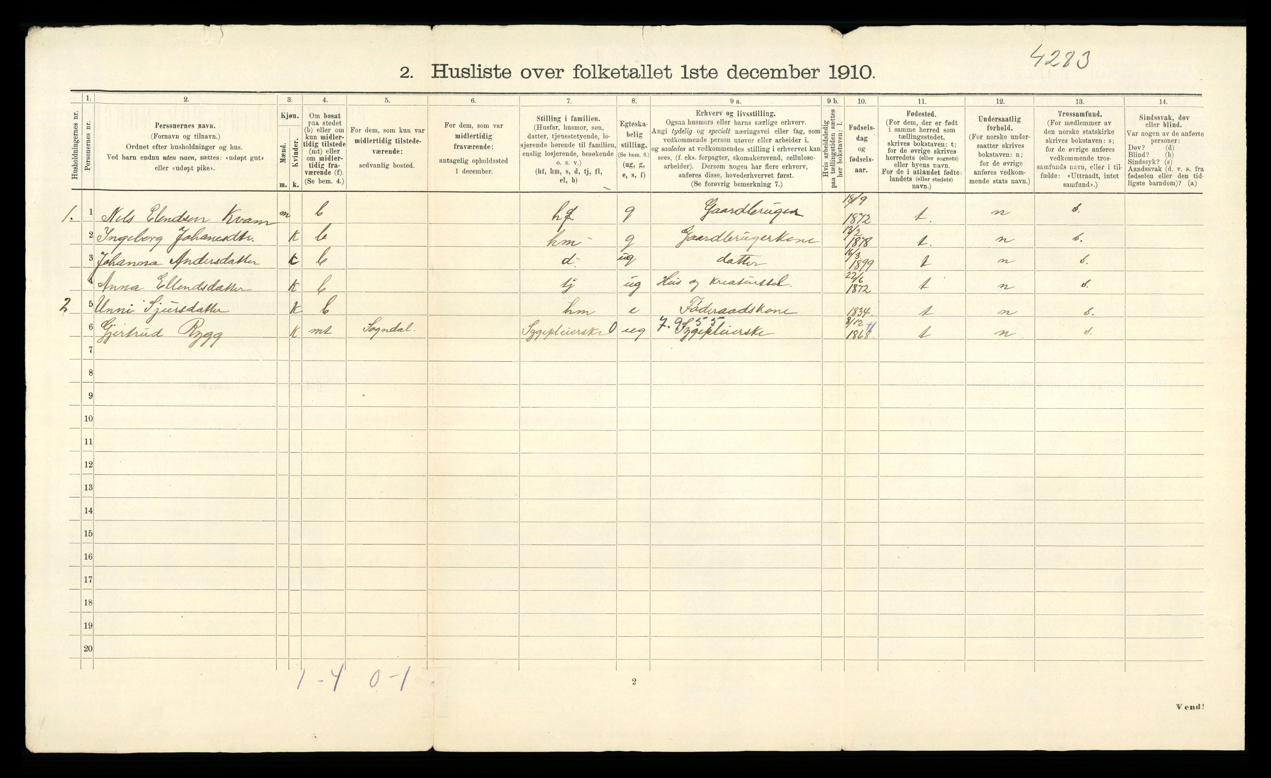 RA, 1910 census for Sogndal, 1910, p. 47