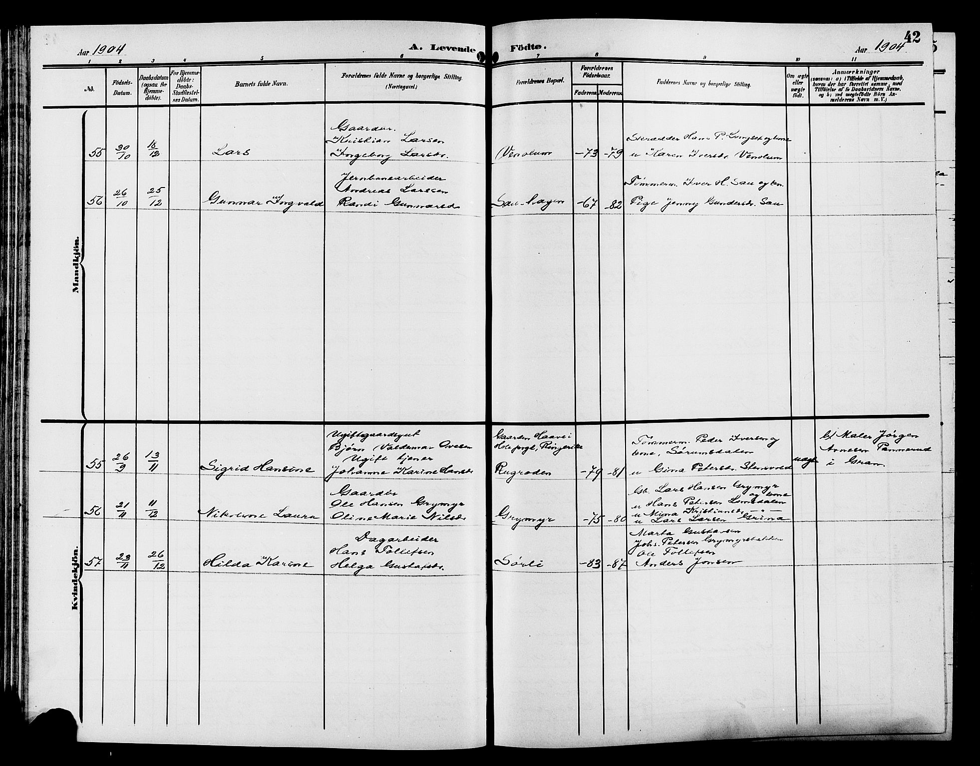 Gran prestekontor, SAH/PREST-112/H/Ha/Hab/L0006: Parish register (copy) no. 6, 1901-1911, p. 42