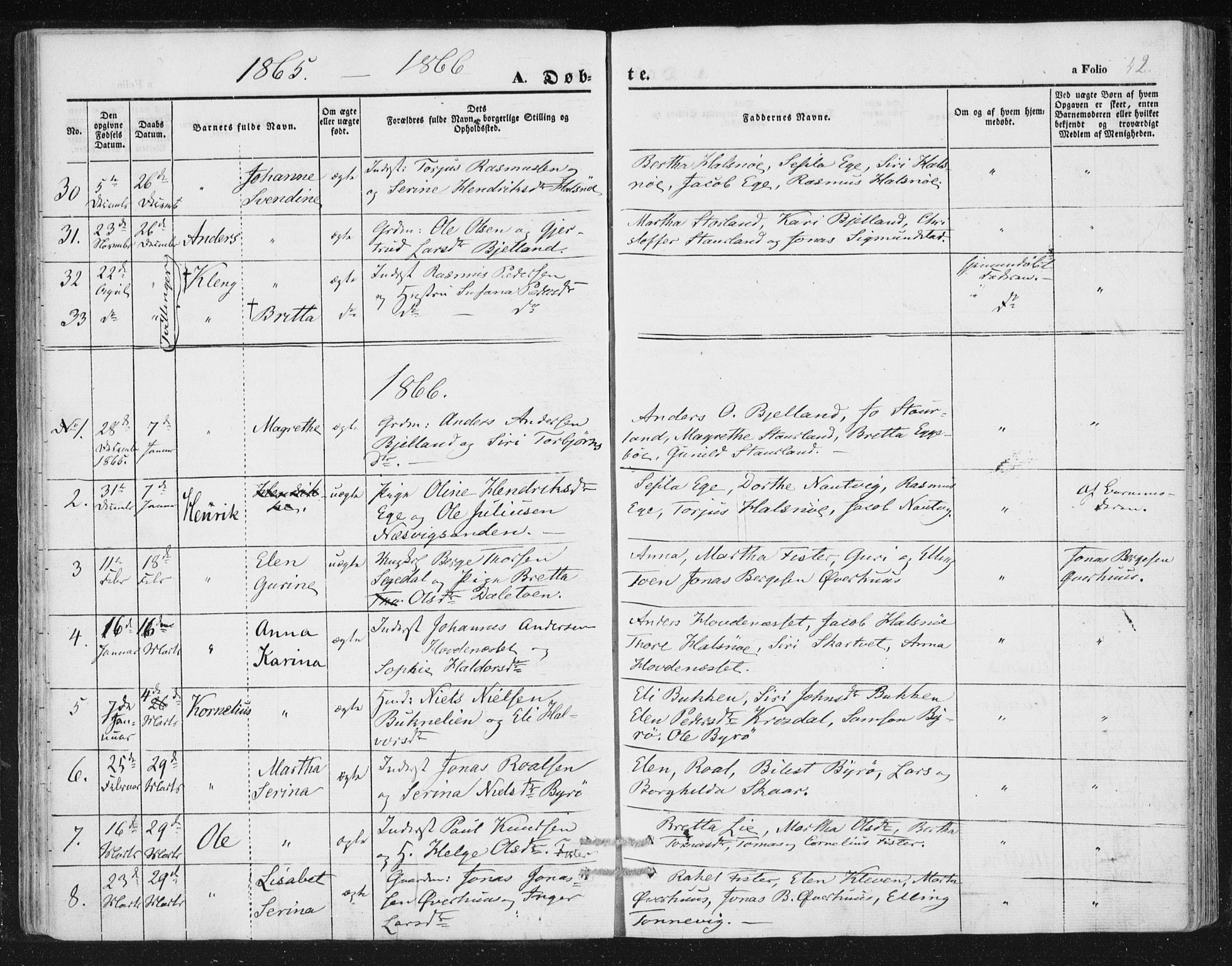 Hjelmeland sokneprestkontor, SAST/A-101843/01/IV/L0010: Parish register (official) no. A 10, 1851-1871, p. 42