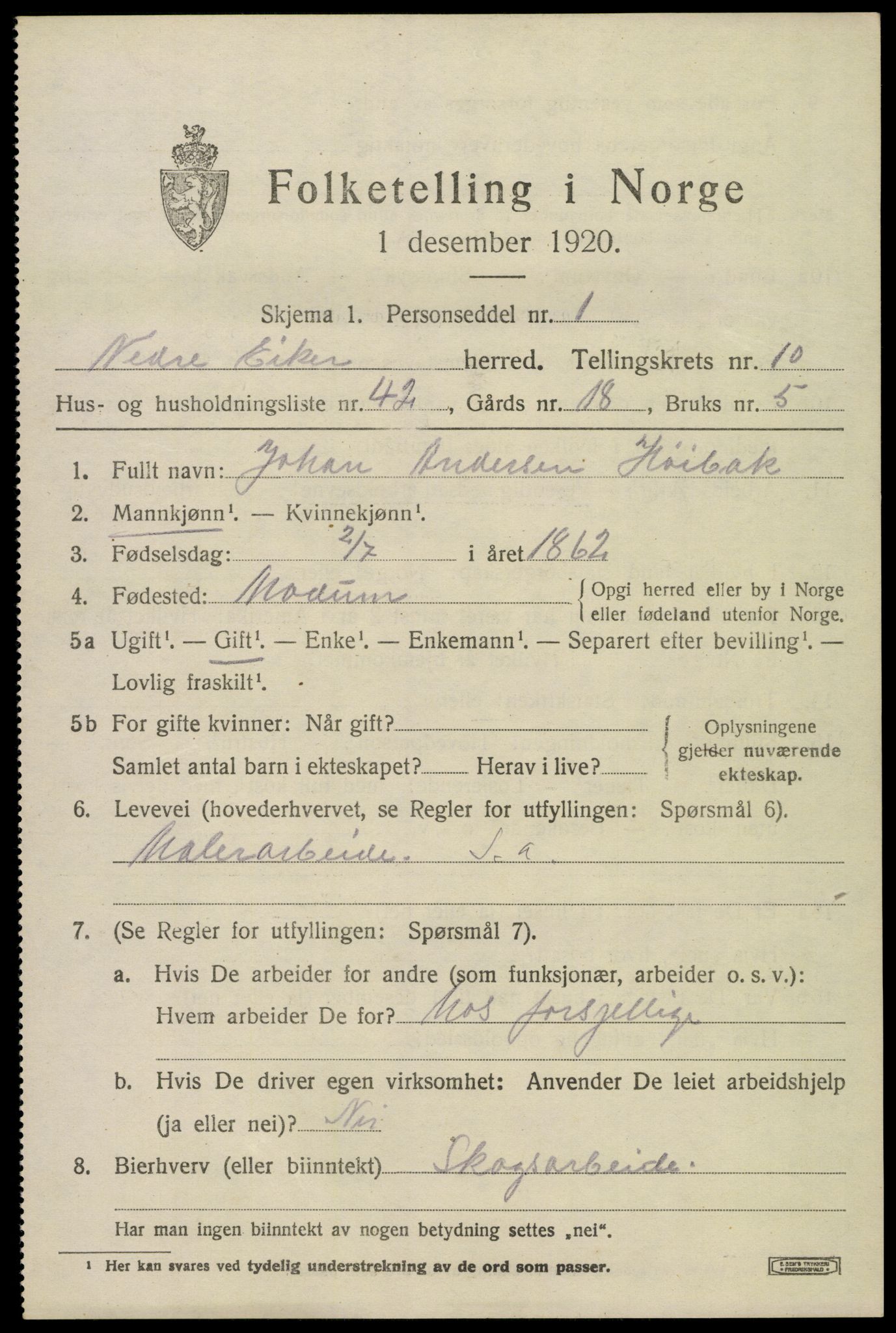 SAKO, 1920 census for Nedre Eiker, 1920, p. 10269