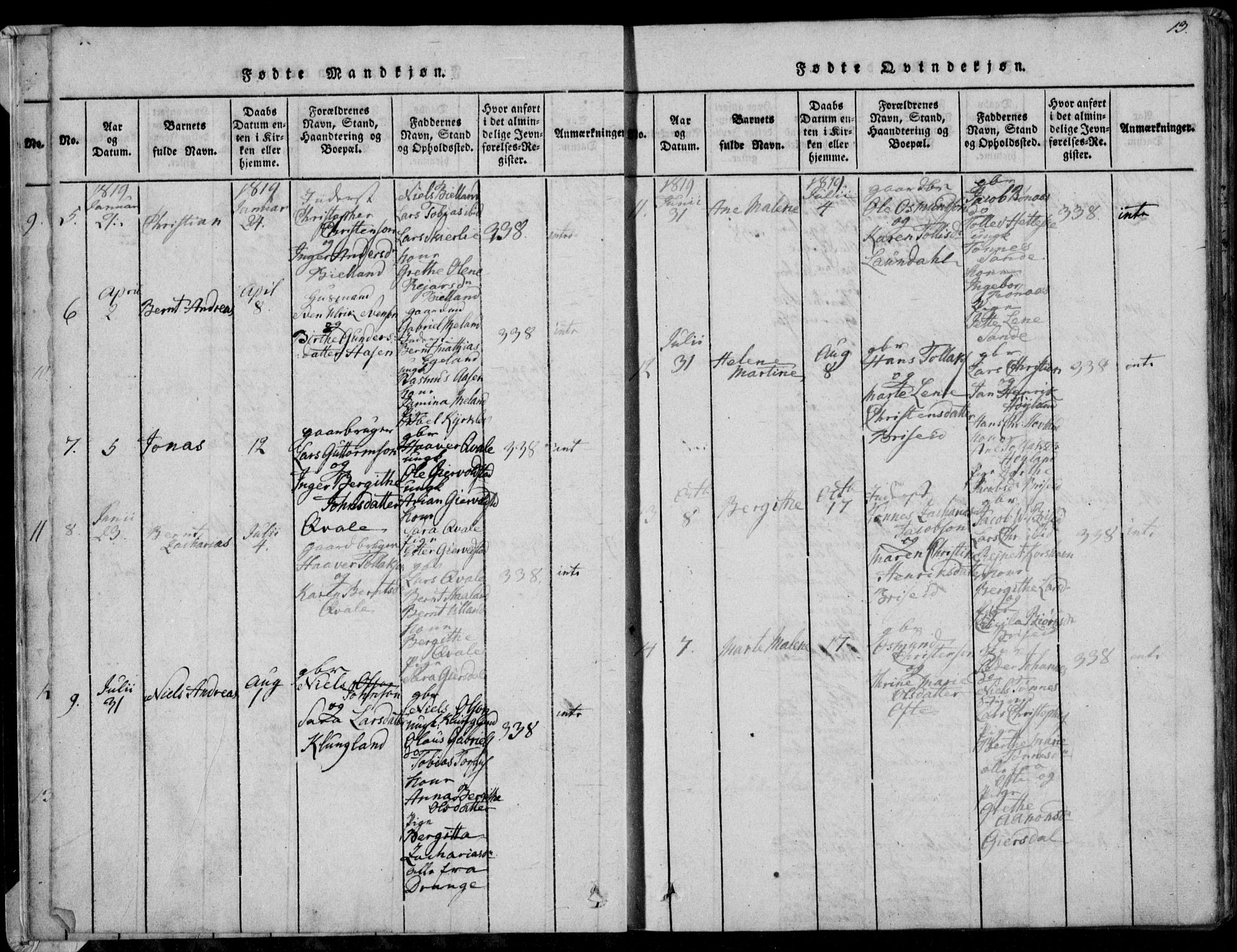 Herad sokneprestkontor, AV/SAK-1111-0018/F/Fa/Faa/L0003: Parish register (official) no. A 3, 1816-1844, p. 13