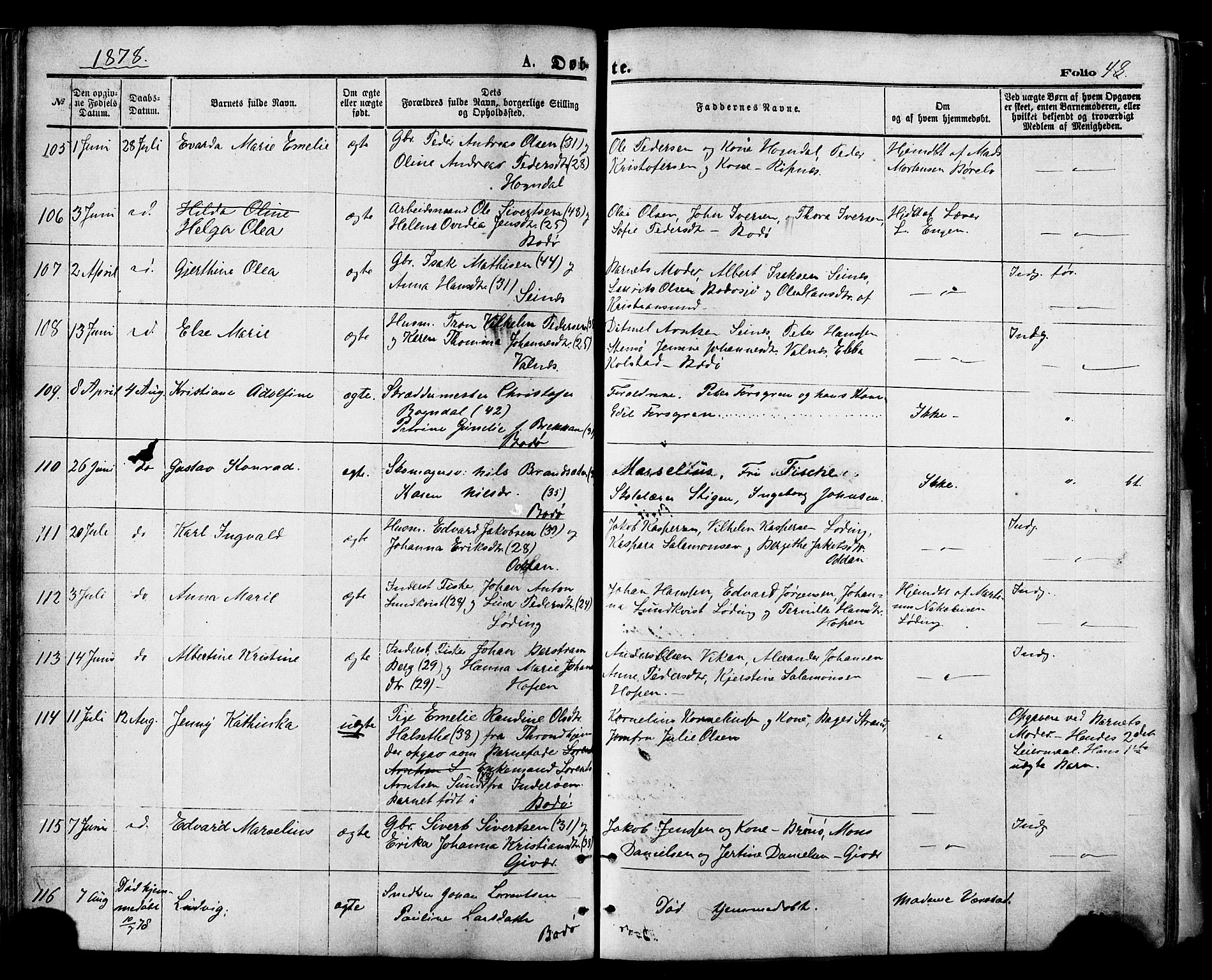 Ministerialprotokoller, klokkerbøker og fødselsregistre - Nordland, AV/SAT-A-1459/801/L0009: Parish register (official) no. 801A09, 1876-1883, p. 48