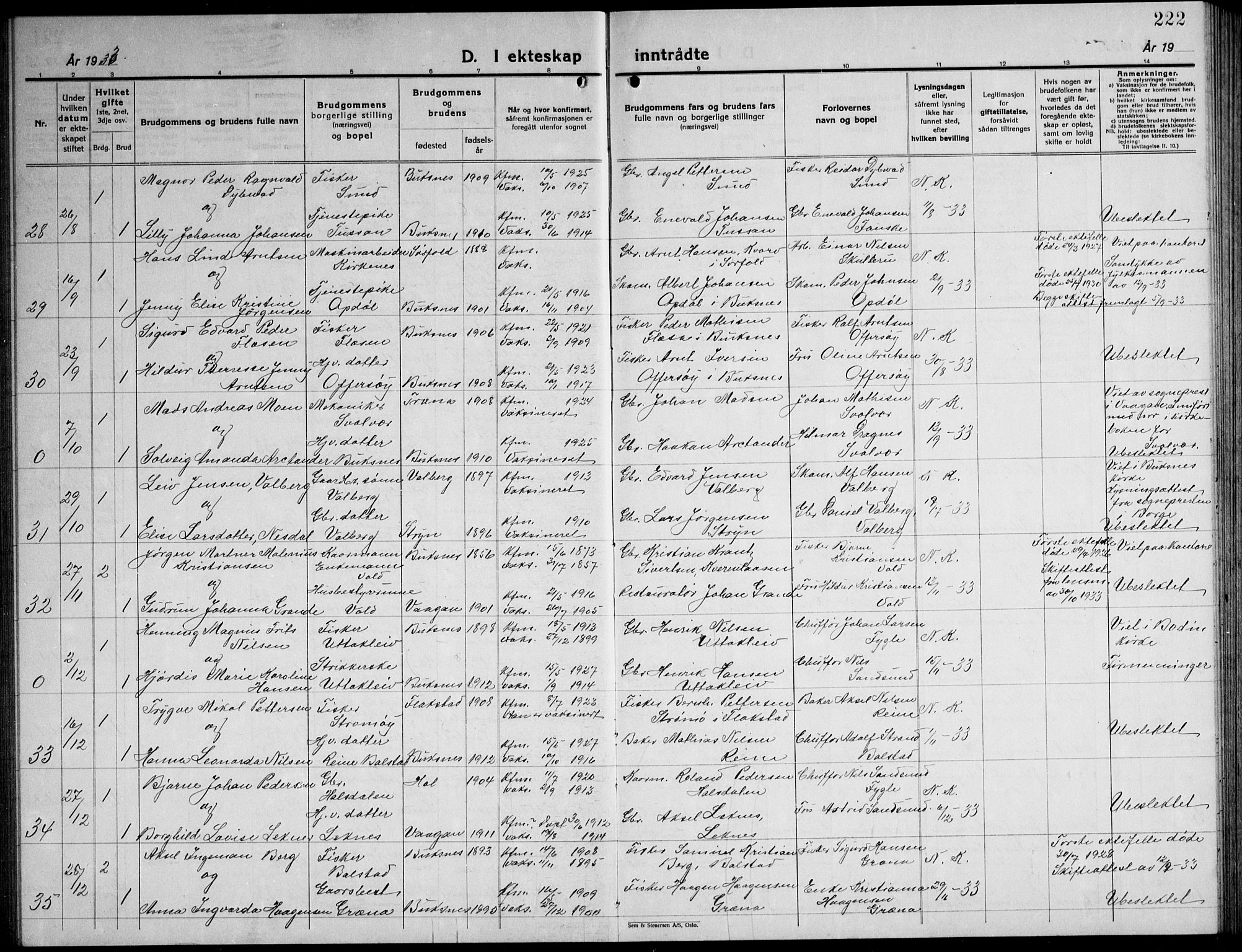 Ministerialprotokoller, klokkerbøker og fødselsregistre - Nordland, AV/SAT-A-1459/881/L1170: Parish register (copy) no. 881C07, 1930-1943, p. 222