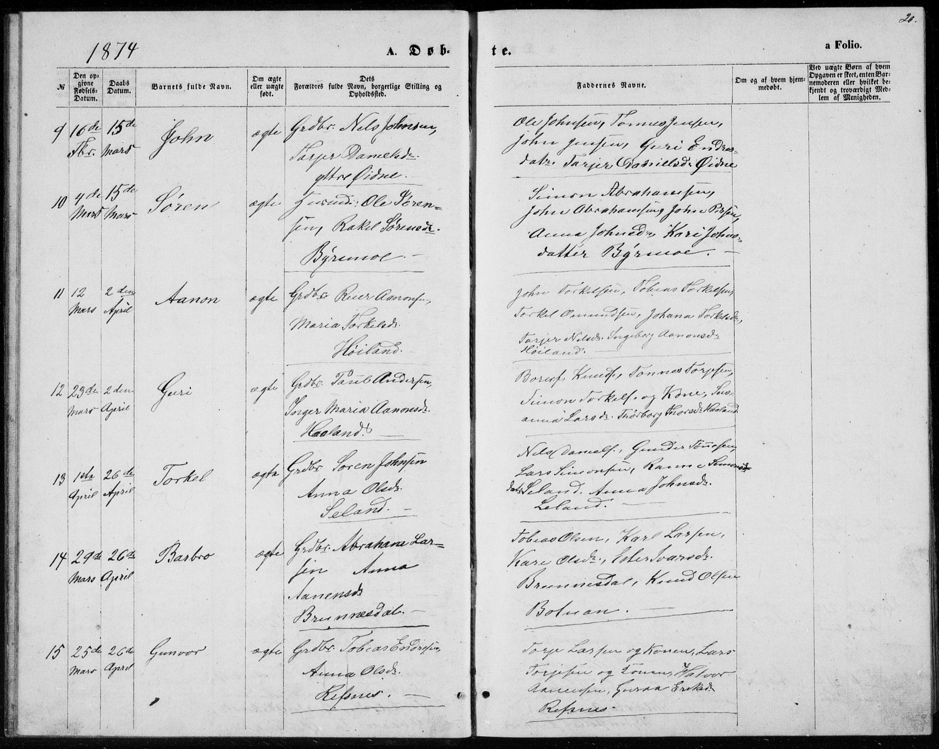 Bjelland sokneprestkontor, AV/SAK-1111-0005/F/Fb/Fbc/L0002: Parish register (copy) no. B 2, 1867-1887, p. 20