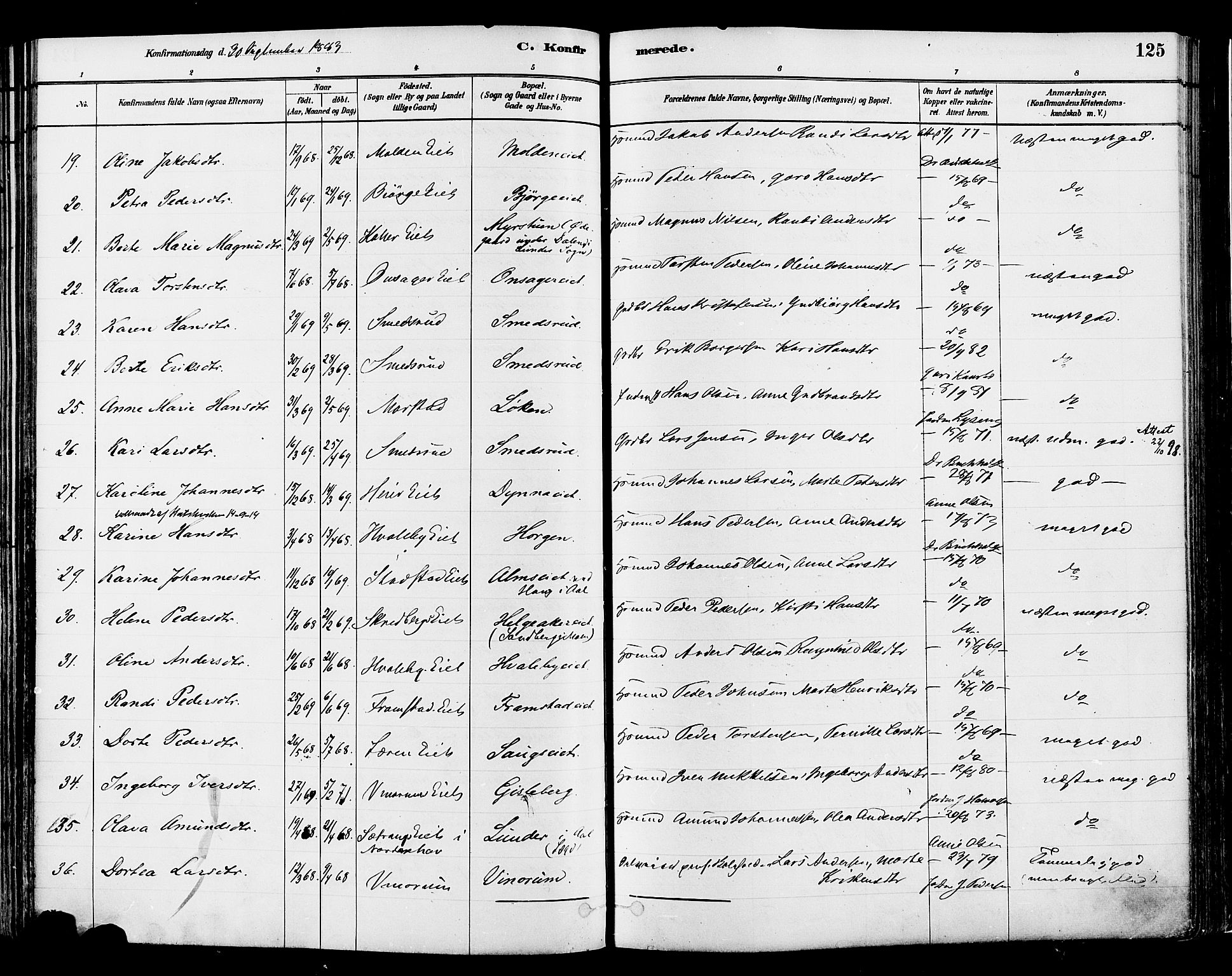 Gran prestekontor, SAH/PREST-112/H/Ha/Haa/L0014: Parish register (official) no. 14, 1880-1889, p. 125