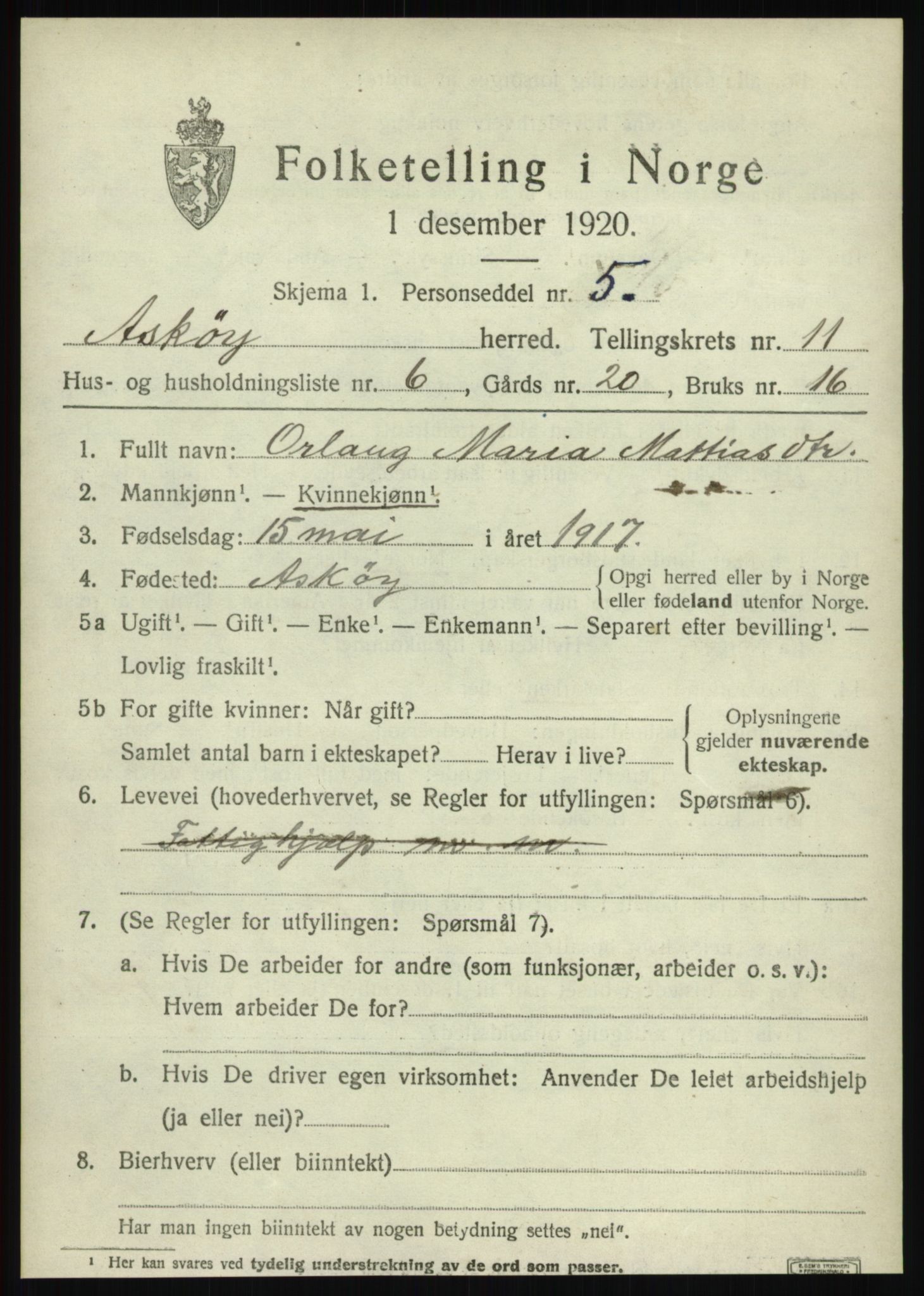SAB, 1920 census for Askøy, 1920, p. 13268
