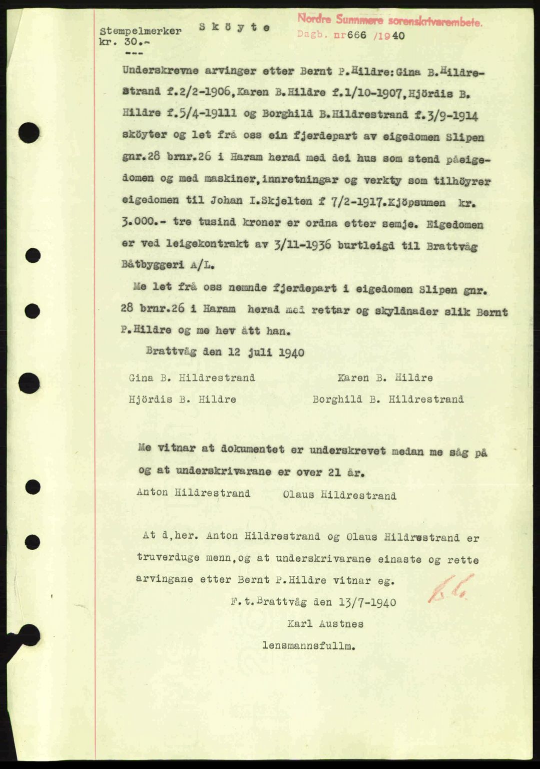 Nordre Sunnmøre sorenskriveri, AV/SAT-A-0006/1/2/2C/2Ca: Mortgage book no. A8, 1939-1940, Diary no: : 666/1940