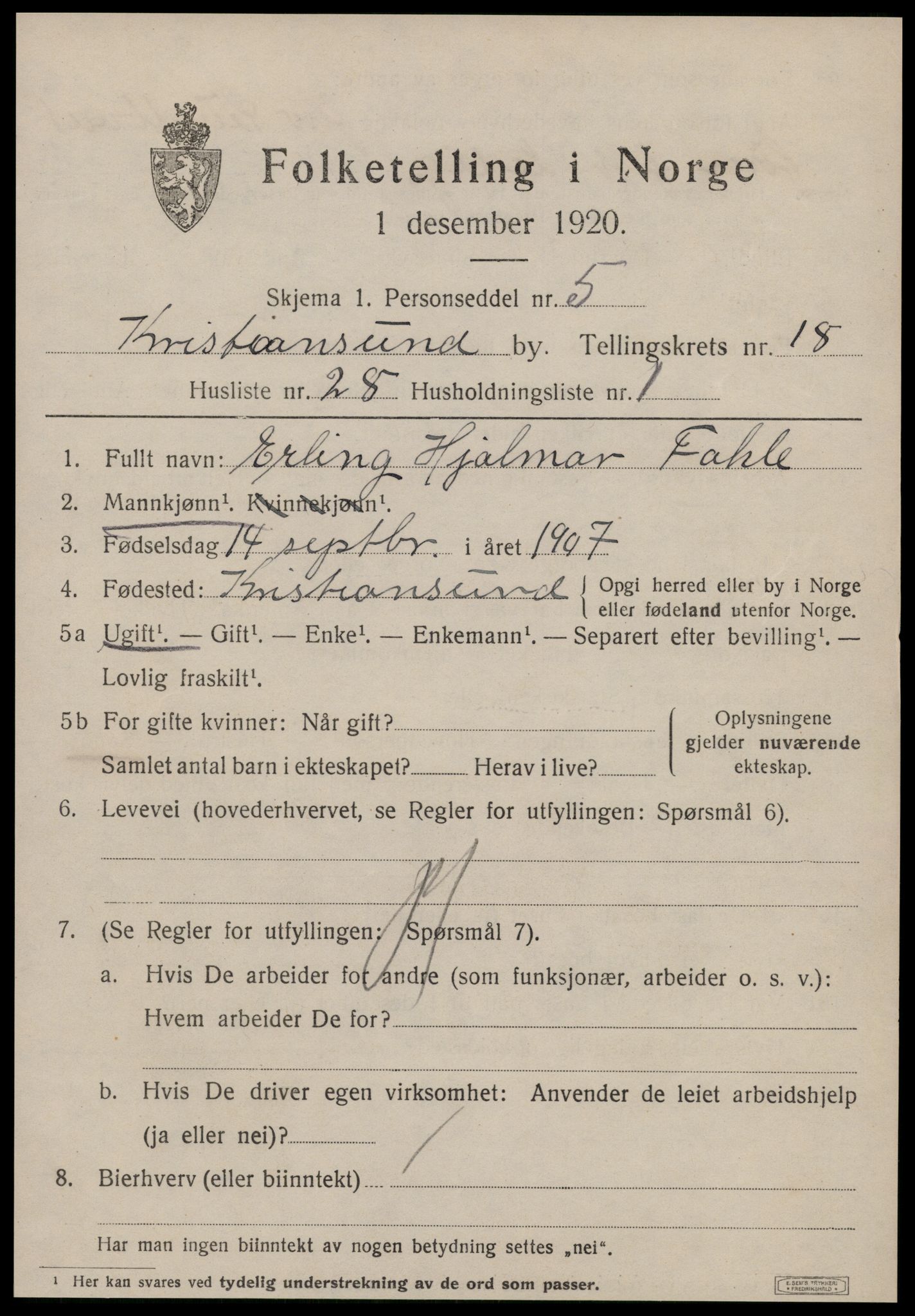 SAT, 1920 census for Kristiansund, 1920, p. 37343