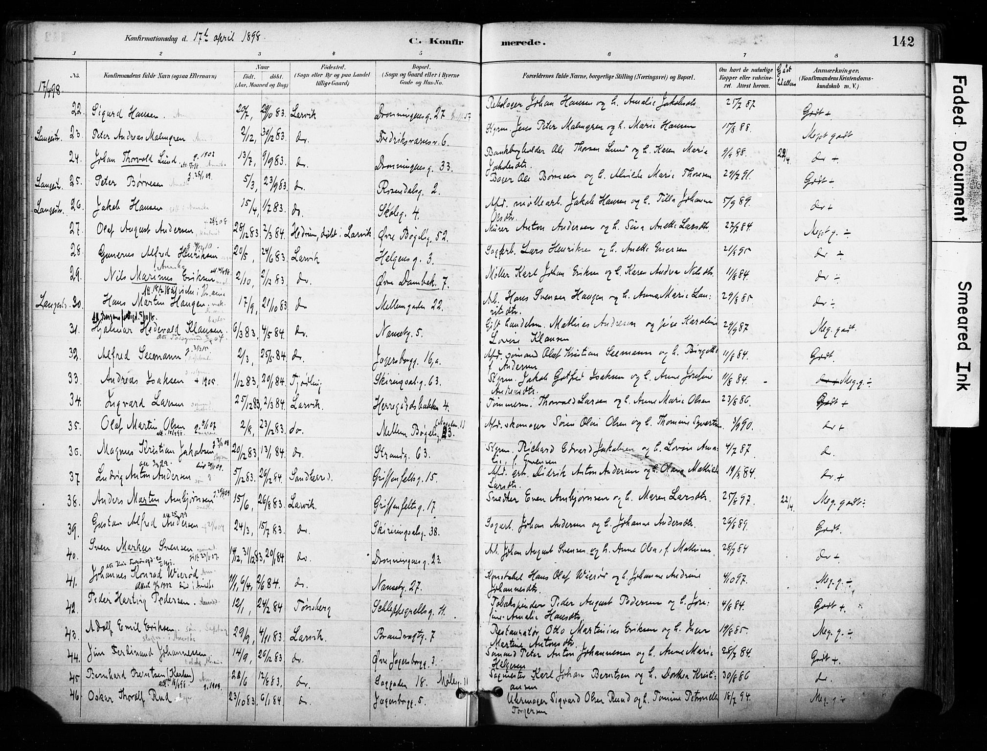 Larvik kirkebøker, SAKO/A-352/F/Fa/L0008: Parish register (official) no. I 8, 1884-1902, p. 142