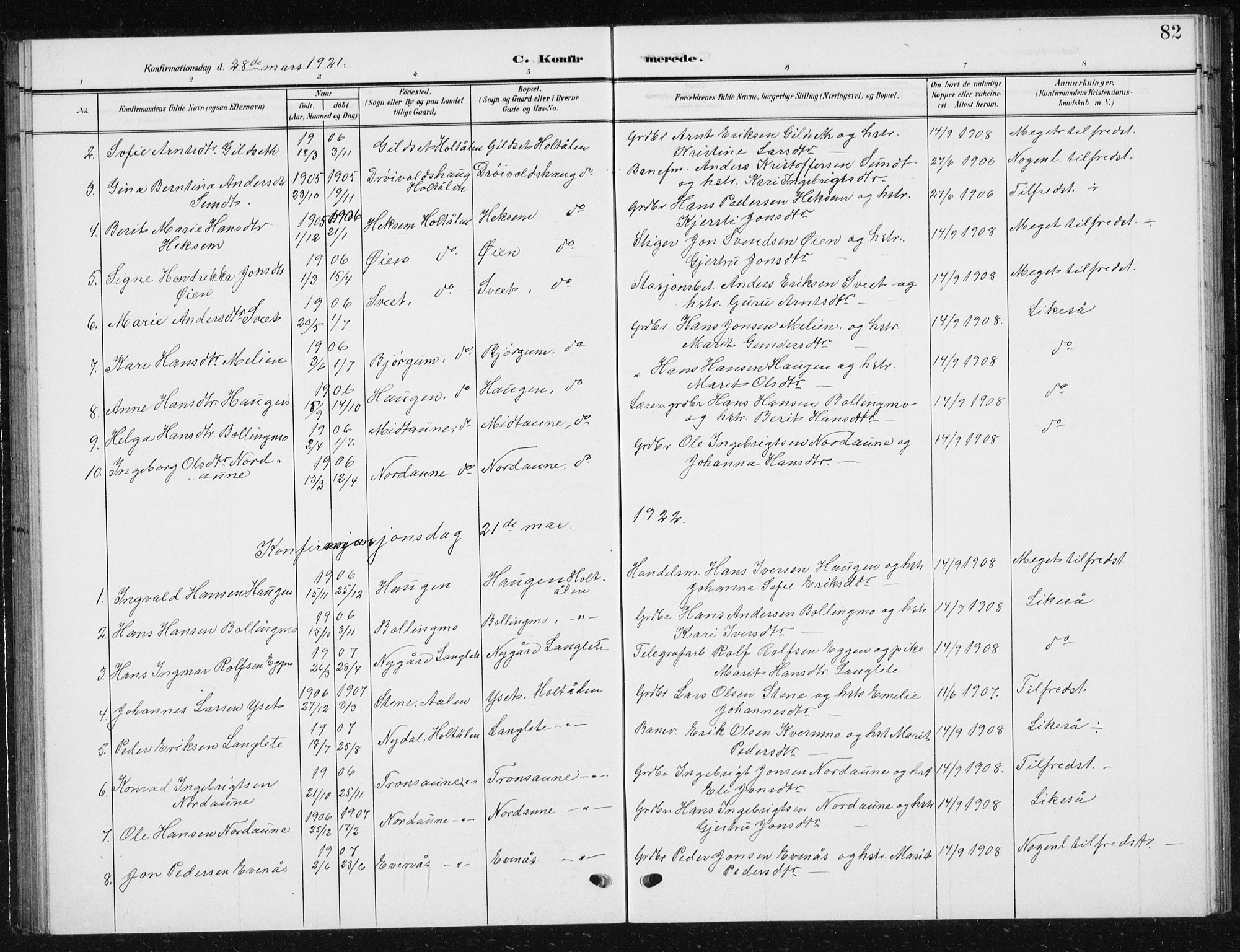 Ministerialprotokoller, klokkerbøker og fødselsregistre - Sør-Trøndelag, SAT/A-1456/685/L0979: Parish register (copy) no. 685C04, 1908-1933, p. 82