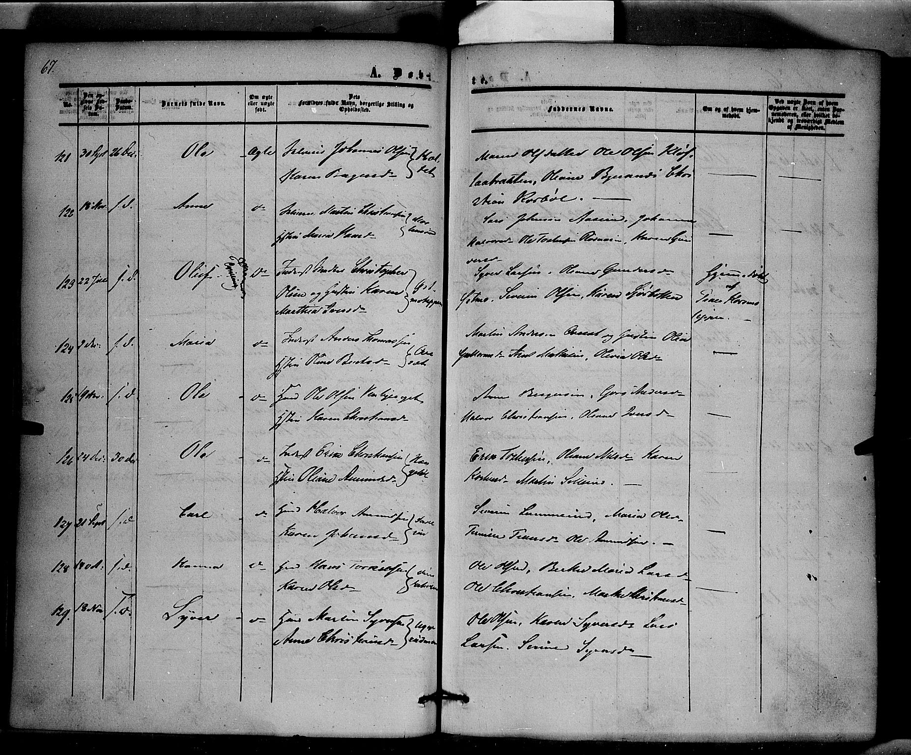 Hof prestekontor, SAH/PREST-038/H/Ha/Haa/L0008: Parish register (official) no. 8, 1849-1861, p. 67