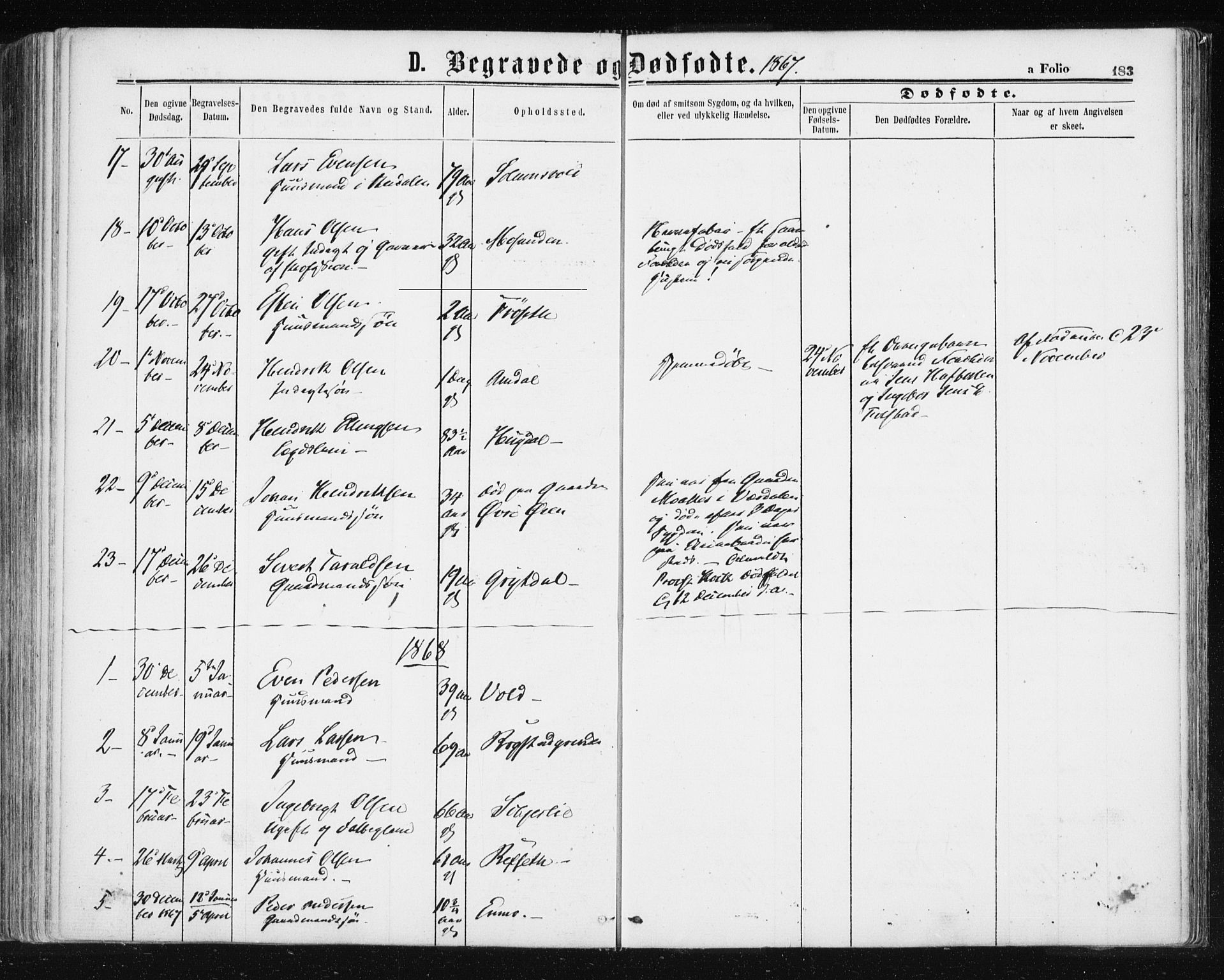 Ministerialprotokoller, klokkerbøker og fødselsregistre - Sør-Trøndelag, SAT/A-1456/687/L1001: Parish register (official) no. 687A07, 1863-1878, p. 183