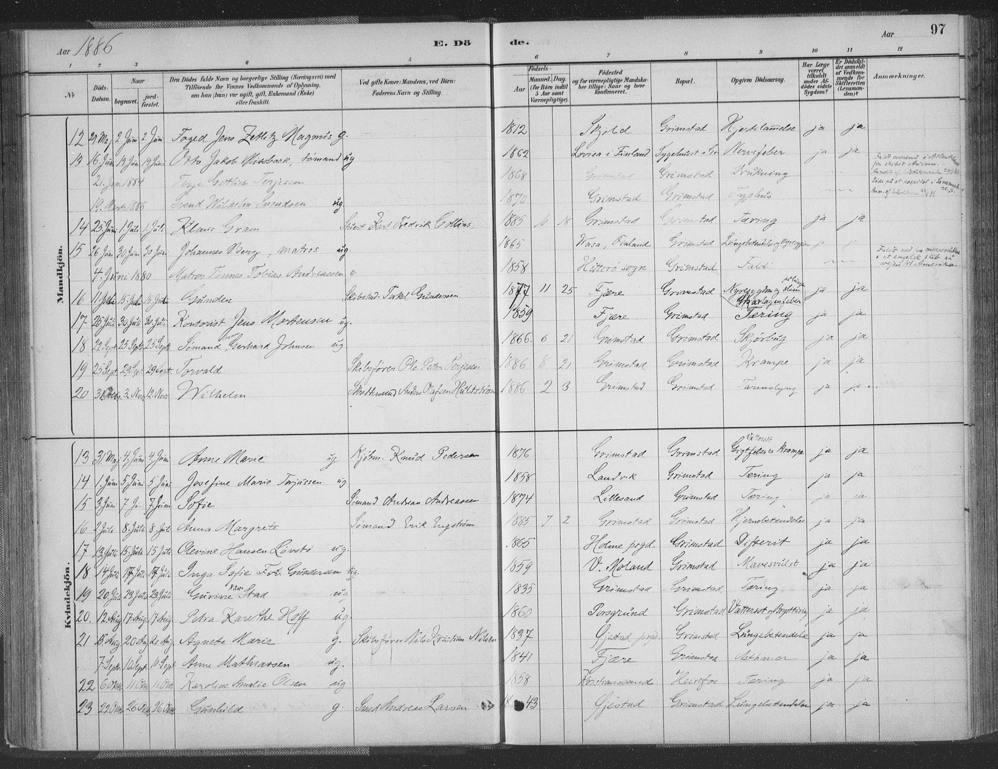 Grimstad sokneprestkontor, SAK/1111-0017/F/Fa/L0004: Parish register (official) no. A 3, 1882-1910, p. 97