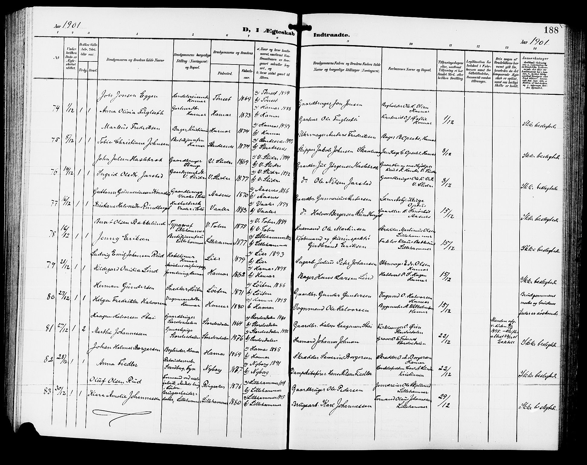 Hamar prestekontor, AV/SAH-DOMPH-002/H/Ha/Hab/L0001: Parish register (copy) no. 1, 1899-1914, p. 188